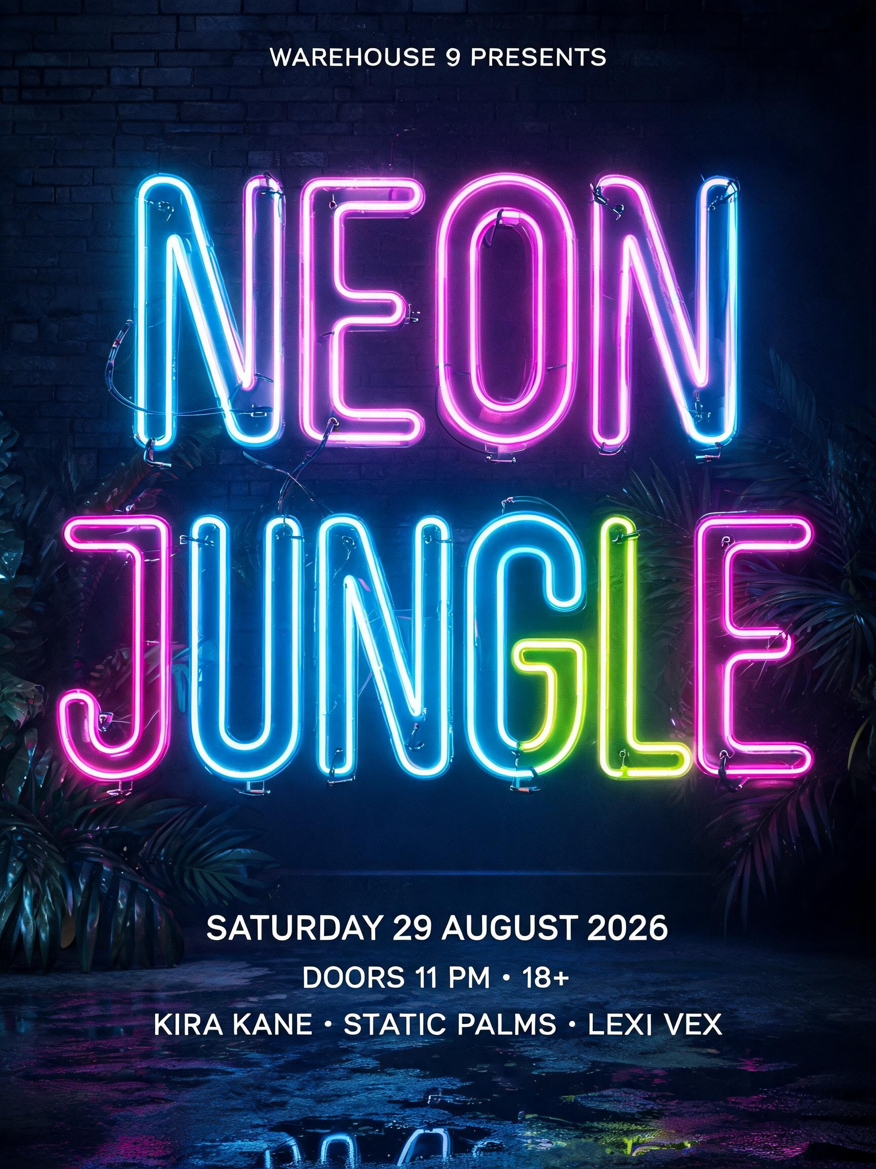 "Design a club night flyer for Neon Jungle at Warehouse 9" — Neon Glow | AI Text Effect Generator