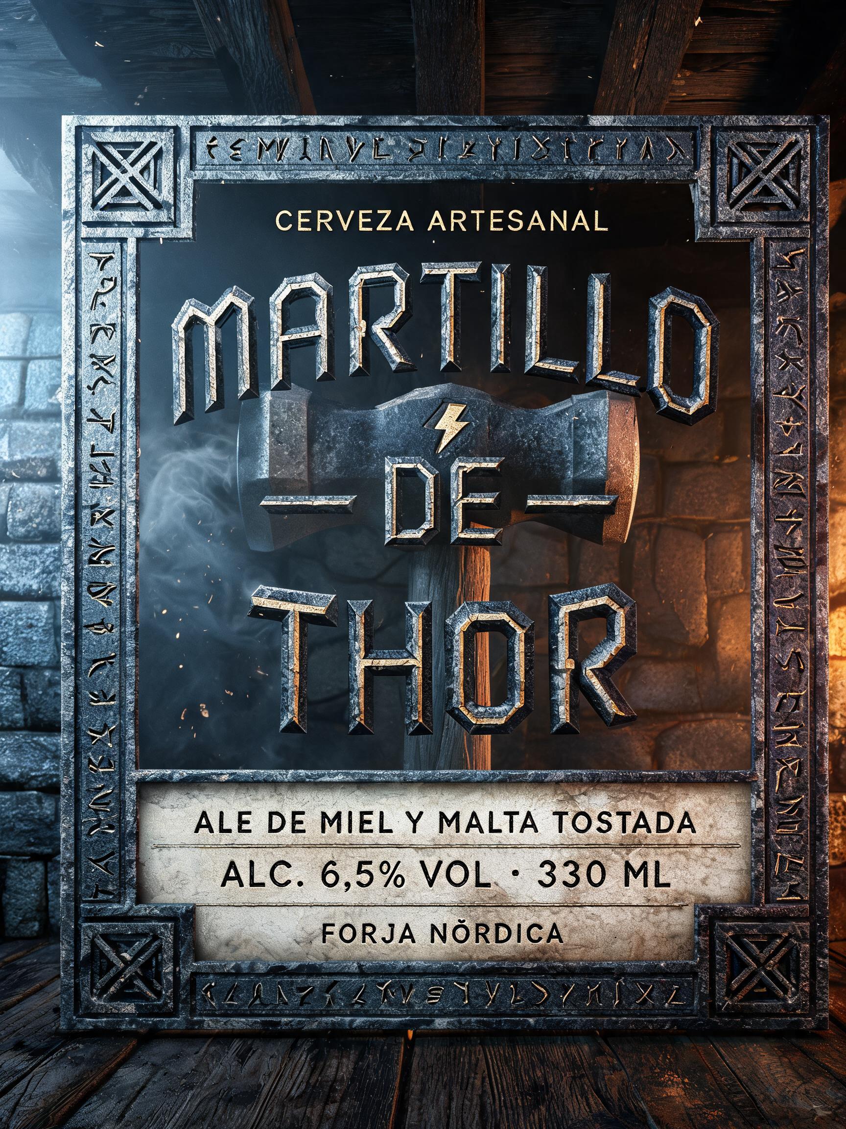 "MARTILLO
DE
THOR
CERVEZA ARTESANAL
ALE DE MIEL Y MALTA TOSTADA
ALC. 6,5% VOL. · 330 ML
FORJA NÓRDICA" — Viking | AI Text Effect Generator