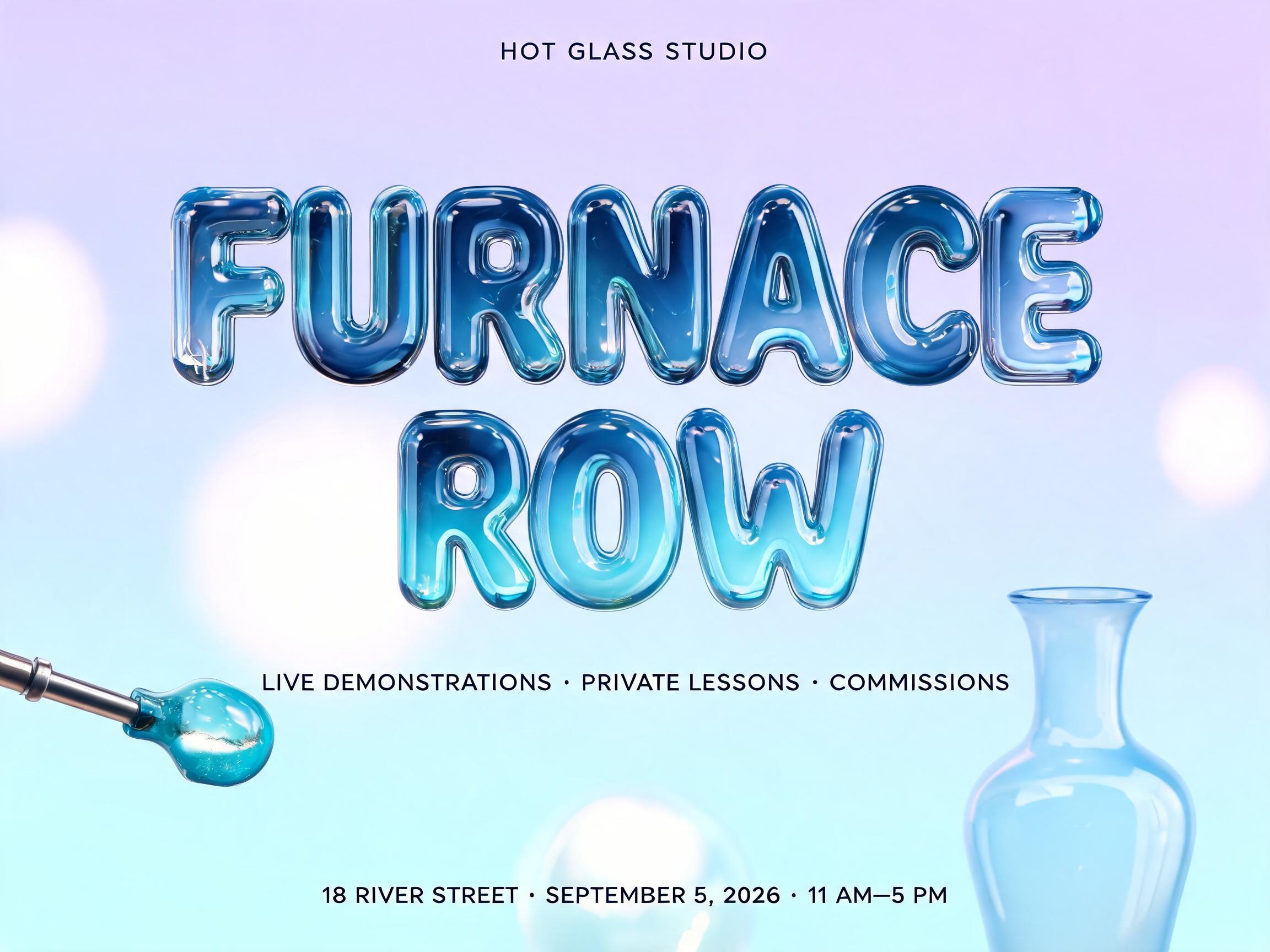 "HOT GLASS STUDIO
FURNACE ROW
LIVE DEMONSTRATIONS · PRIVATE LESSONS · COMMISSIONS
18 RIVER STREET · SEPTEMBER 5, 2026 · 11 AM—5 PM" — Glass Liquid text effect