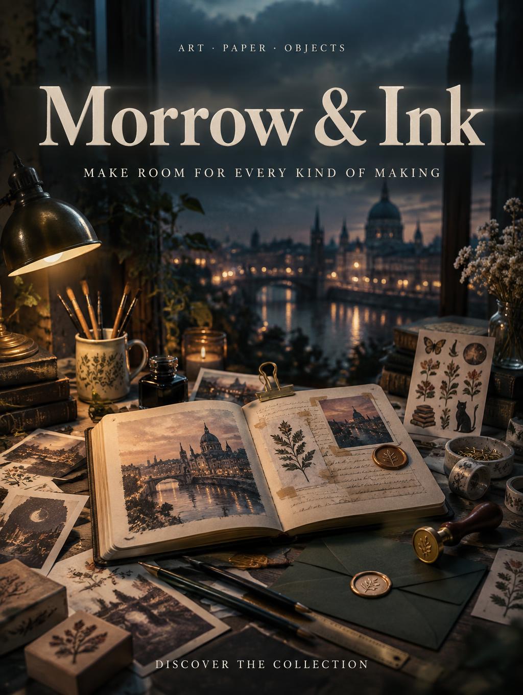 "Morrow & Ink
MAKE ROOM FOR EVERY KIND OF MAKING
ART · PAPER · OBJECTS
DISCOVER THE COLLECTION" — Cinematic Netflix | AI Text Effect Generator