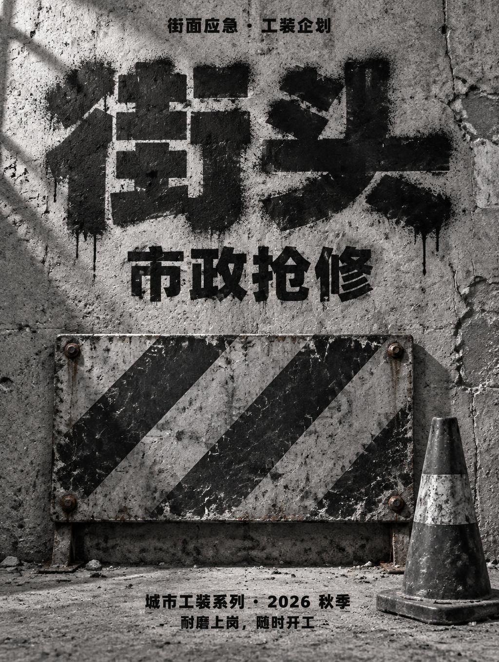 "街面应急 · 工装企划
街头
市政抢修
城市工装系列 · 2026 秋季
耐磨上岗，随时开工" — Stencil | AI Text Effect Generator