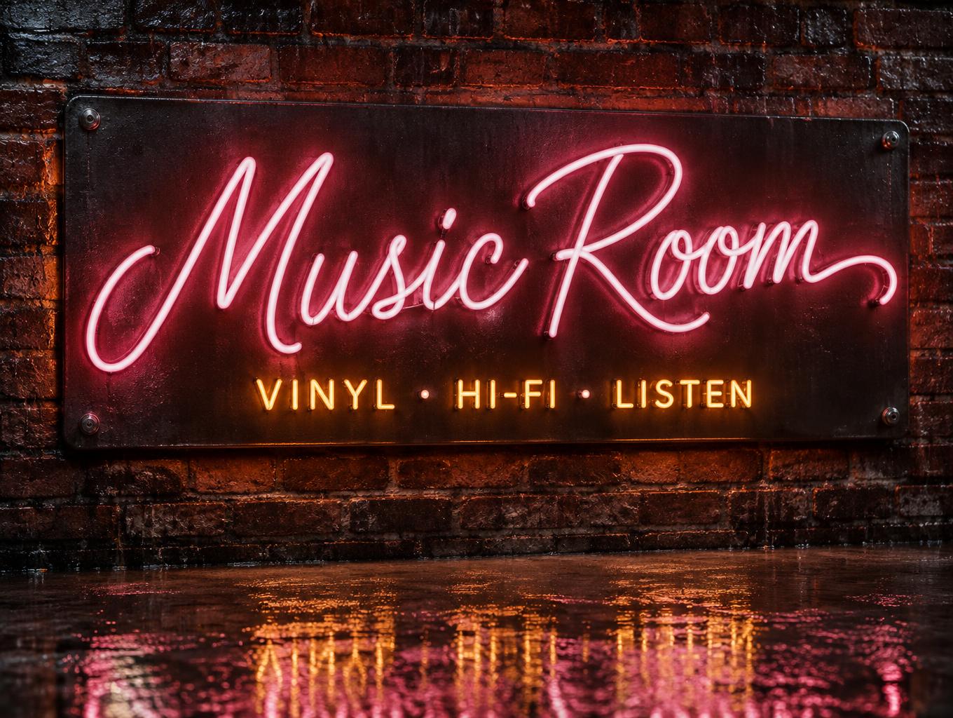 "Music Room
VINYL · HI-FI · LISTEN" — Neon Sign | AI Text Effect Generator