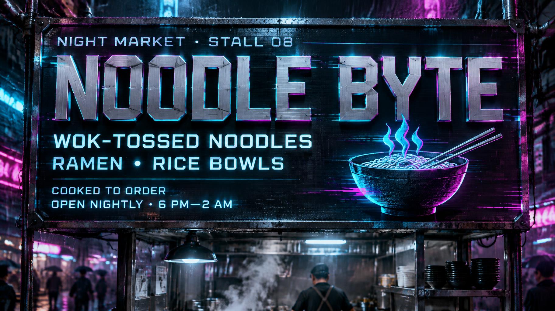 "NOODLE BYTE
WOK-TOSSED NOODLES
RAMEN • RICE BOWLS
COOKED TO ORDER
OPEN NIGHTLY · 6 PM—2 AM
NIGHT MARKET · STALL 08" — Cyberpunk | AI Text Effect Generator