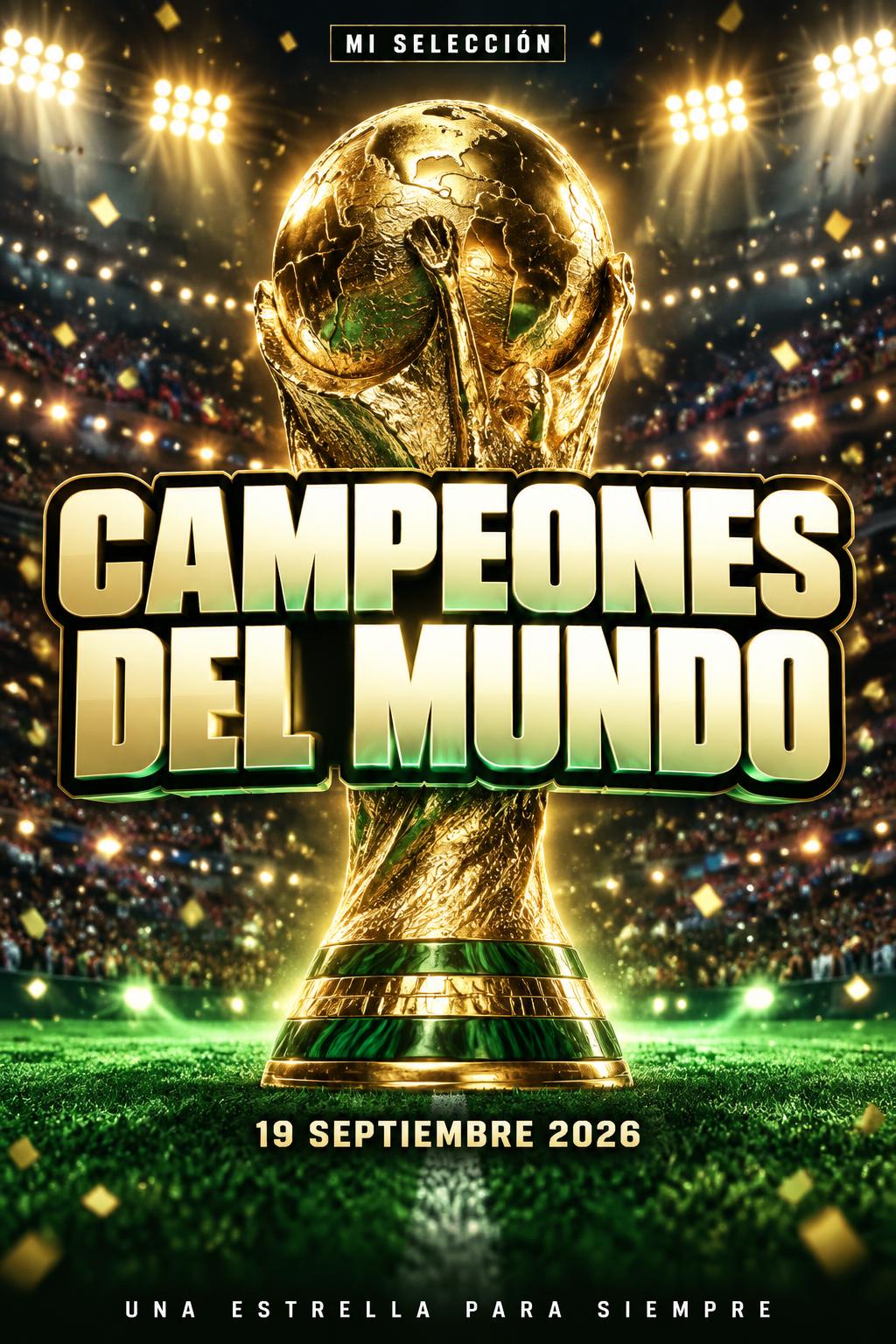 "CAMPEONES
DEL MUNDO
MI SELECCIÓN
19 SEPTIEMBRE 2026
UNA ESTRELLA PARA SIEMPRE" — Sports Football | AI Text Effect Generator