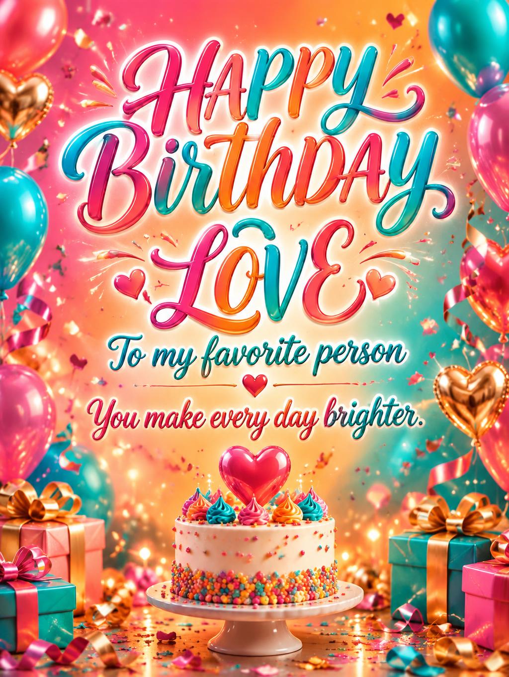 "HAPPY BIRTHDAY
LOVE
To my favorite person
You make every day brighter." — Birthday | AI Text Effect Generator
