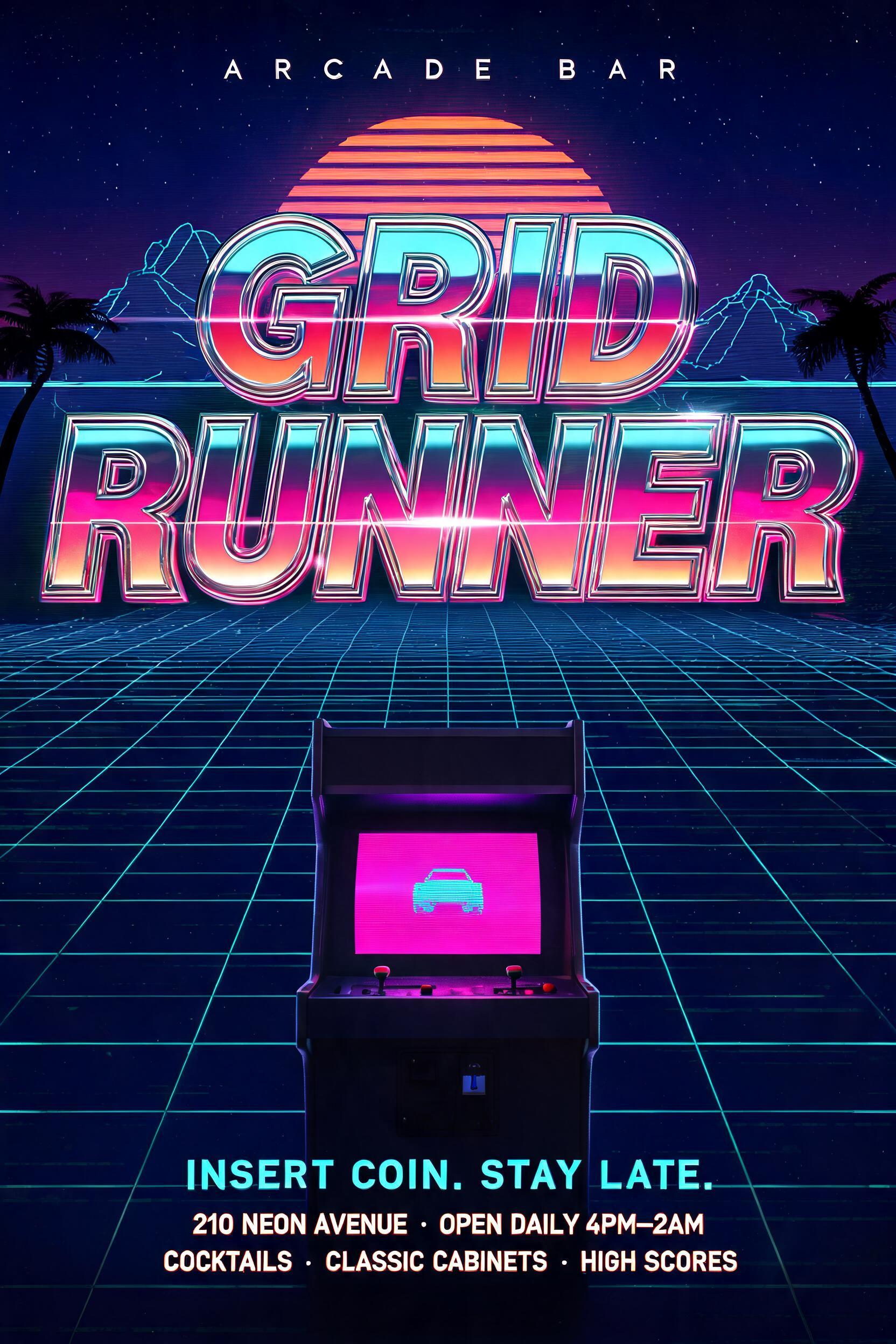 "Make a poster for the arcade bar Grid Runner" — Synthwave text effect