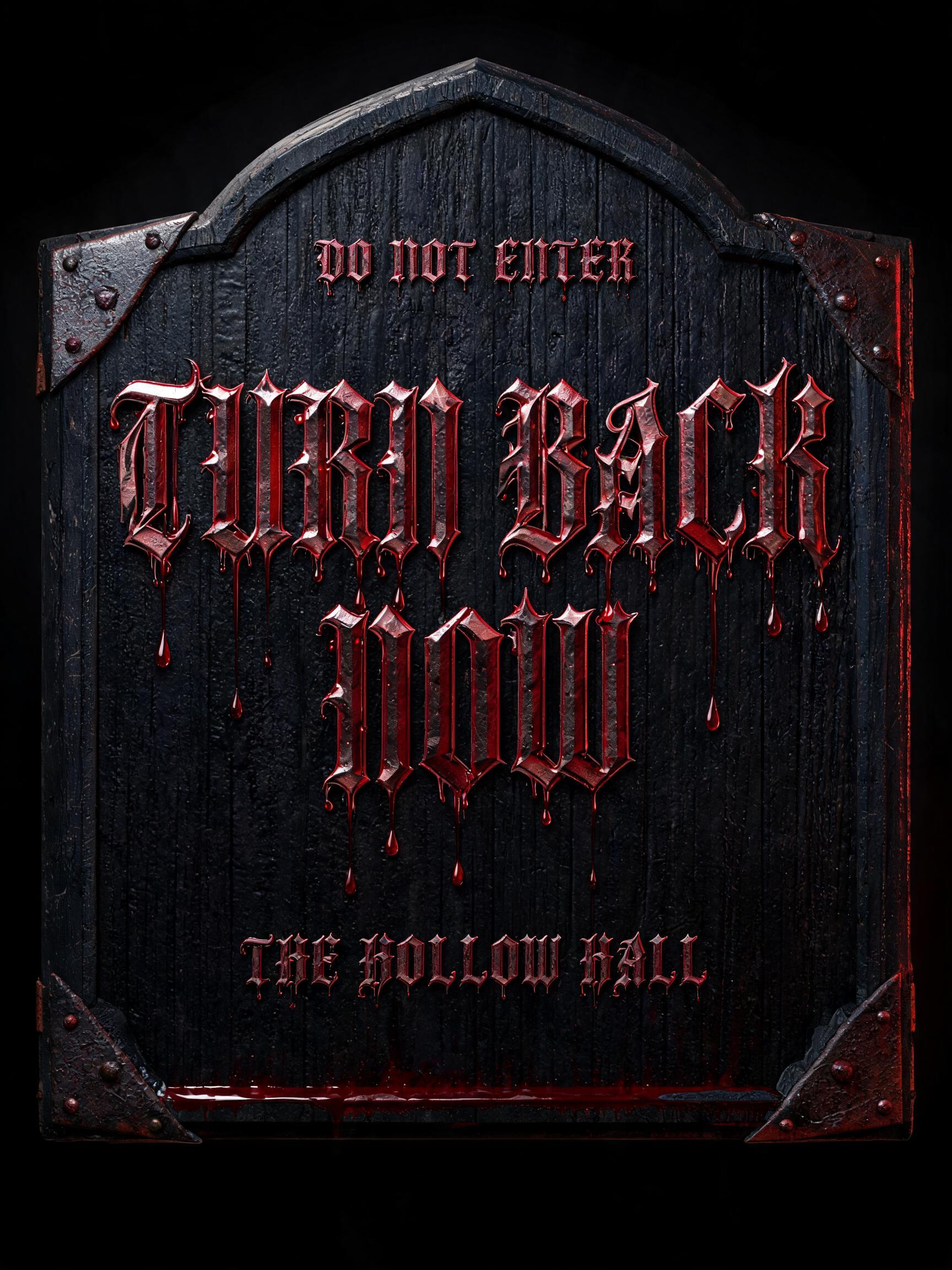 "TURN BACK
NOW
DO NOT ENTER
THE HOLLOW HALL" — Drip Font Blood | AI Text Effect Generator
