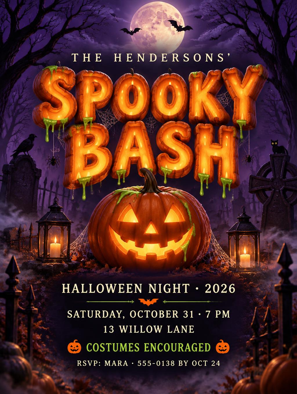 "THE HENDERSONS'
SPOOKY BASH
HALLOWEEN NIGHT · 2026
SATURDAY, OCTOBER 31 · 7 PM
13 WILLOW LANE
COSTUMES ENCOURAGED
RSVP: MARA · 555-0138 BY OCT 24" — Halloween | AI Text Effect Generator