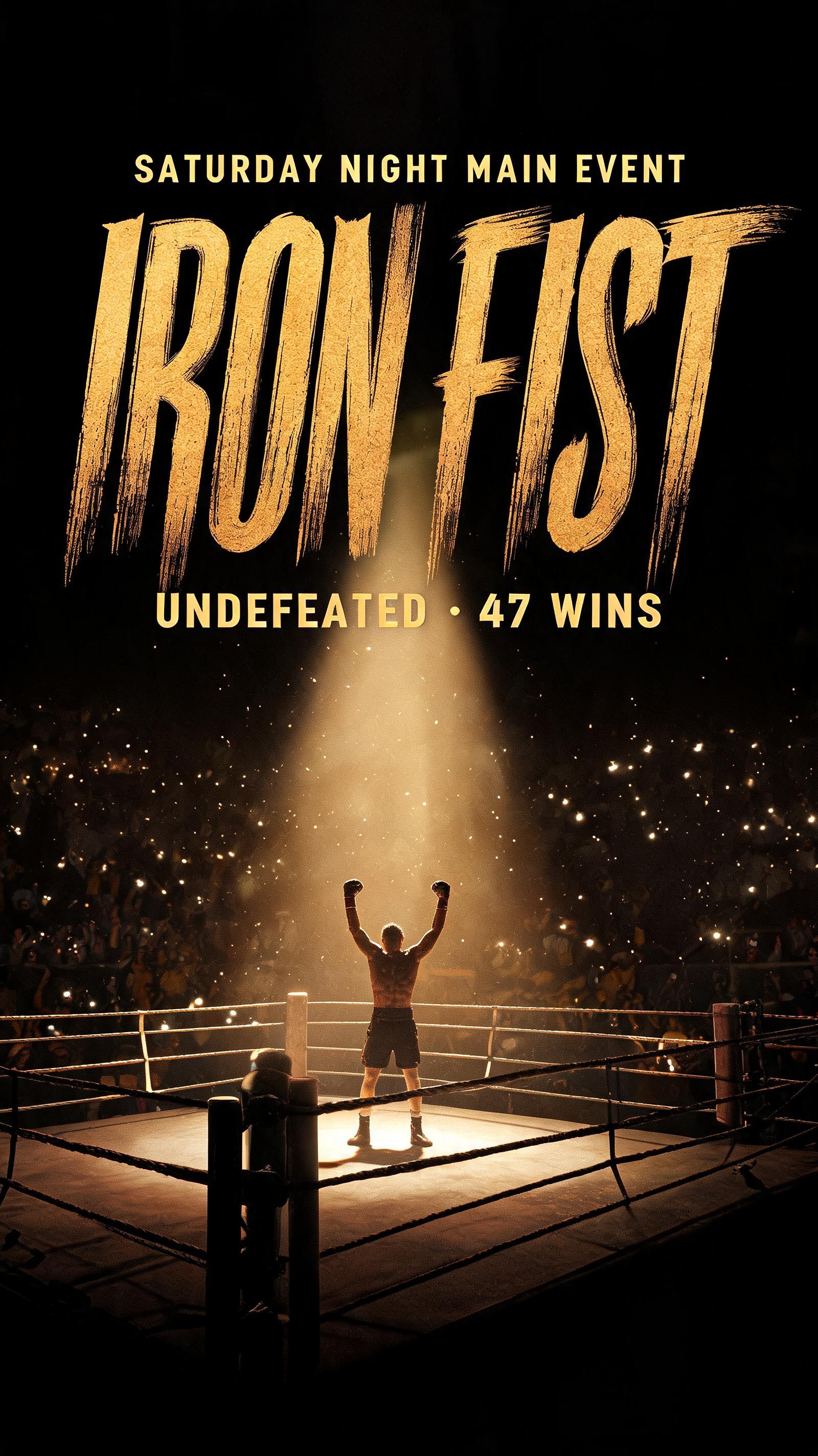 "IRON FIST
UNDEFEATED · 47 WINS
SATURDAY NIGHT MAIN EVENT" — Cinematic | AI Text Effect Generator
