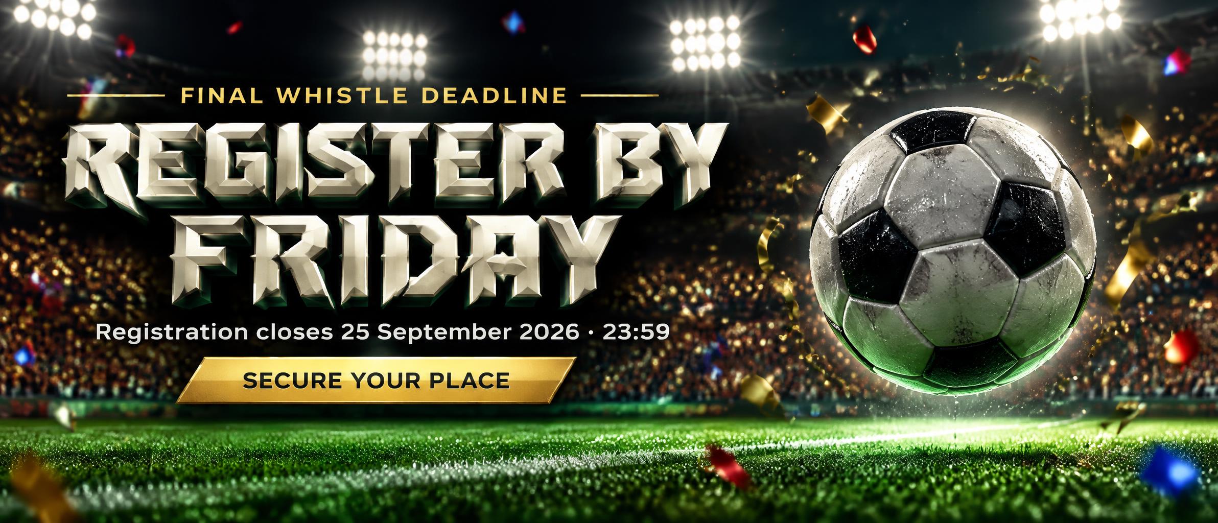 "REGISTER BY
FRIDAY
FINAL WHISTLE DEADLINE
Registration closes 25 September 2026 · 23:59
SECURE YOUR PLACE" — Sports Football | AI Text Effect Generator