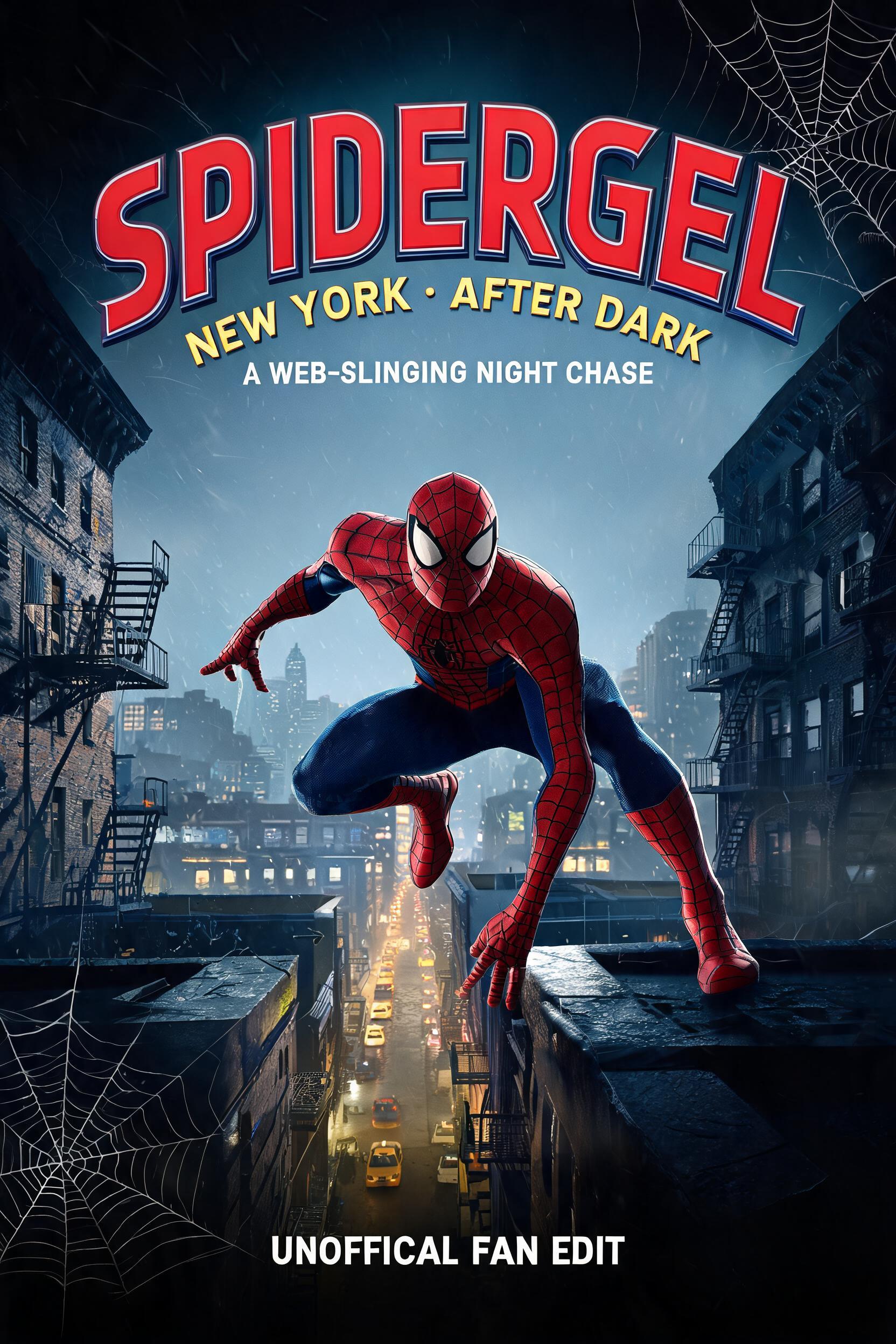 "SPIDERGEL
NEW YORK • AFTER DARK
A WEB-SLINGING NIGHT CHASE
UNOFFICIAL FAN EDIT" — Spider Hero text effect