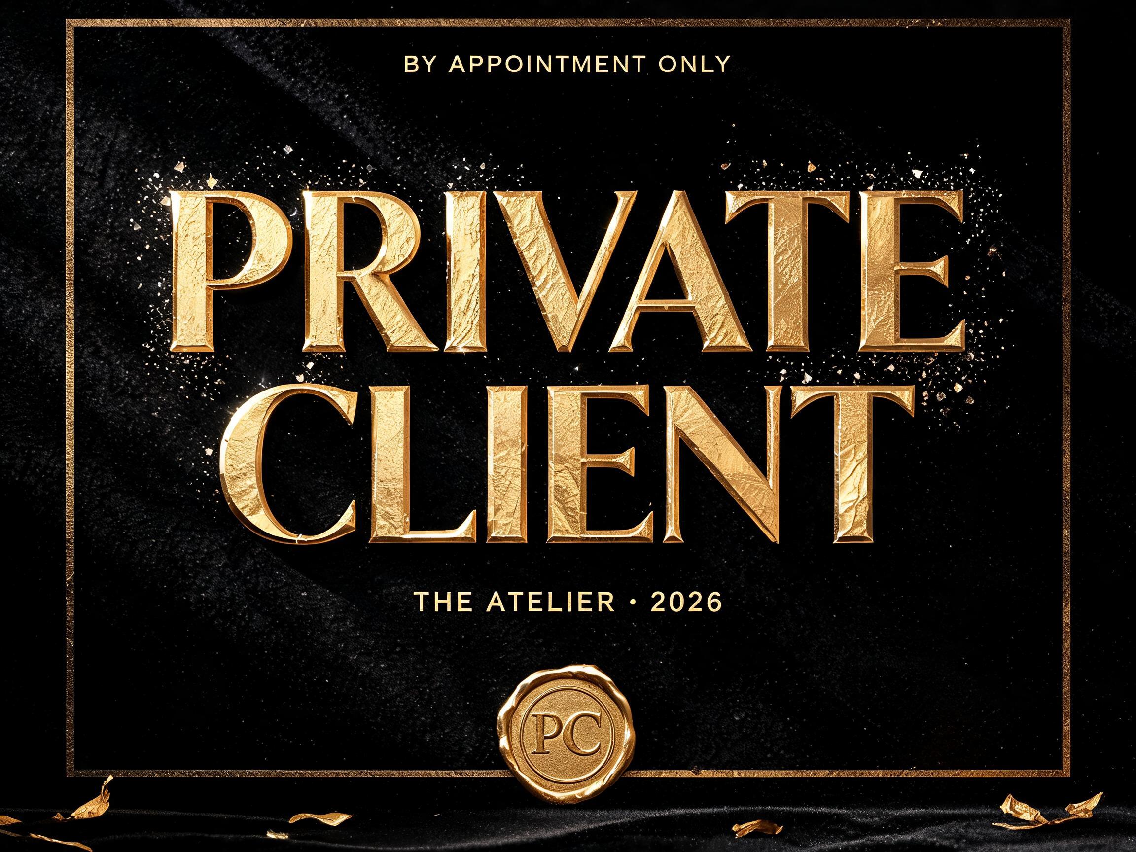 "PRIVATE CLIENT
BY APPOINTMENT ONLY
THE ATELIER · 2026
PC" — Luxury Gold | AI Text Effect Generator