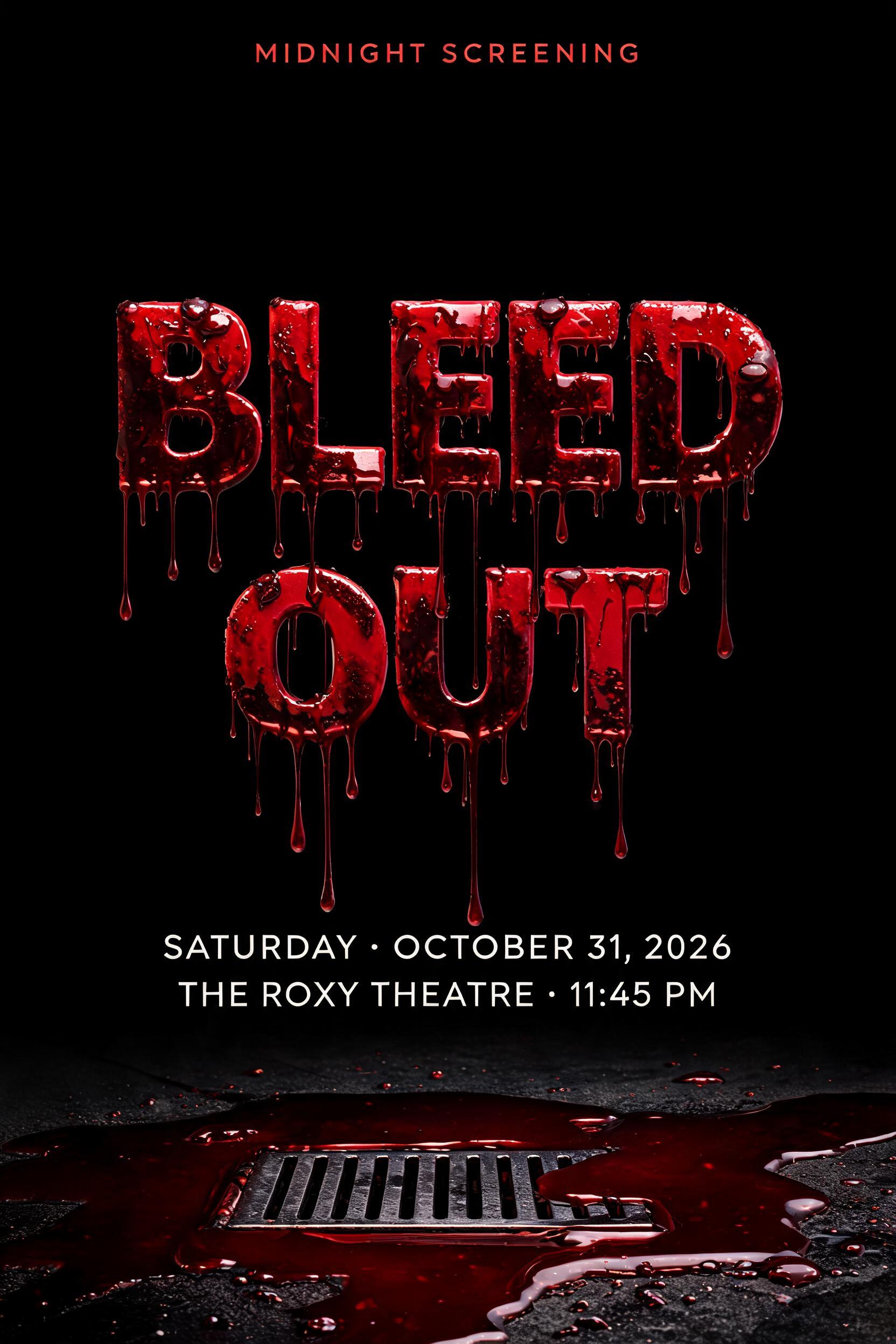 "BLEED OUT
MIDNIGHT SCREENING
SATURDAY · OCTOBER 31, 2026
THE ROXY THEATRE · 11:45 PM" — Drip Font Blood | AI Text Effect Generator