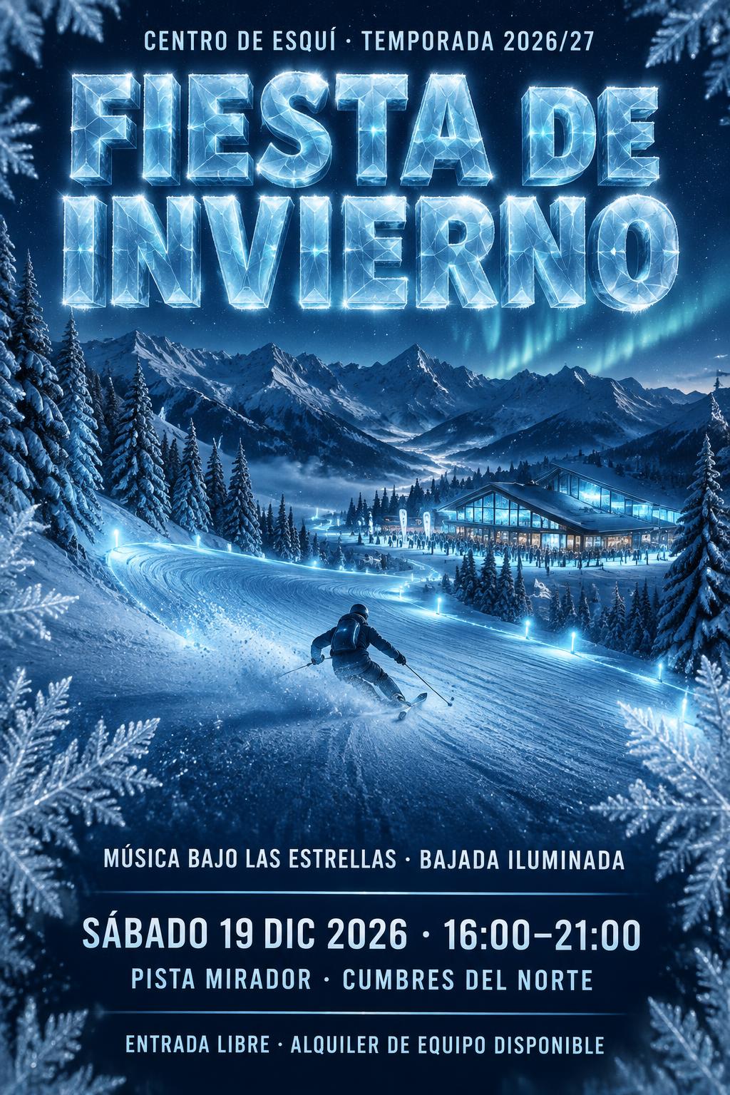 Fiesta de Invierno
CENTRO DE ESQUÍ · TEMPORADA 2026/27
Música bajo las estrellas · Bajada iluminada
SÁBADO 19 DIC 2026 · 16:00–21:00
PISTA MIRADOR · CUMBRES DEL NORTE
ENTRADA LIBRE · ALQUILER DE EQUIPO DISPONIBLE