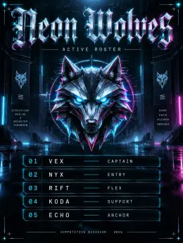 "Neon Wolves
ACTIVE ROSTER
VEX — CAPTAIN
NYX — ENTRY
RIFT — FLEX
KODA — SUPPORT
ECHO — ANCHOR
COMPETITIVE DIVISION · 2026" — cyberpunk text effect