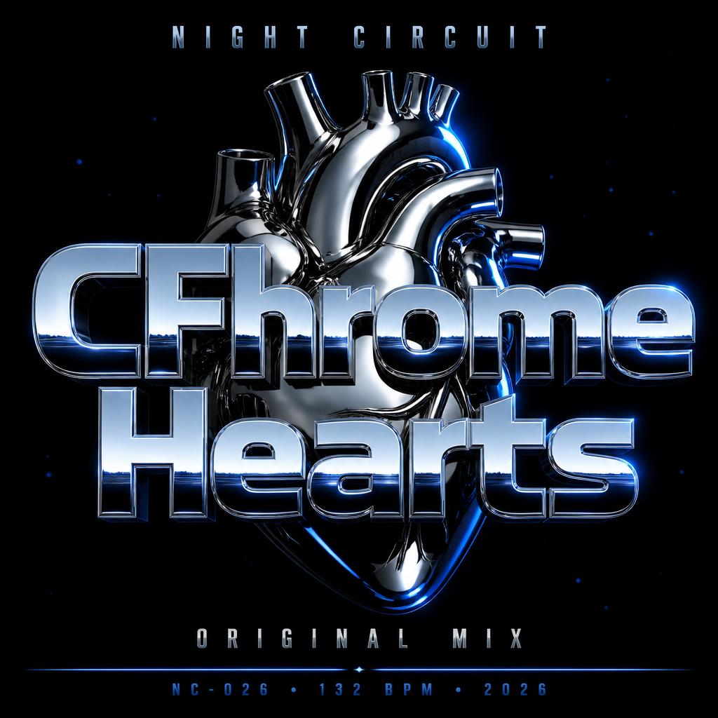 "CFhrome
Hearts
NIGHT CIRCUIT
ORIGINAL MIX
NC-026 • 132 BPM • 2026" — Chrome Metal 3d | AI Text Effect Generator