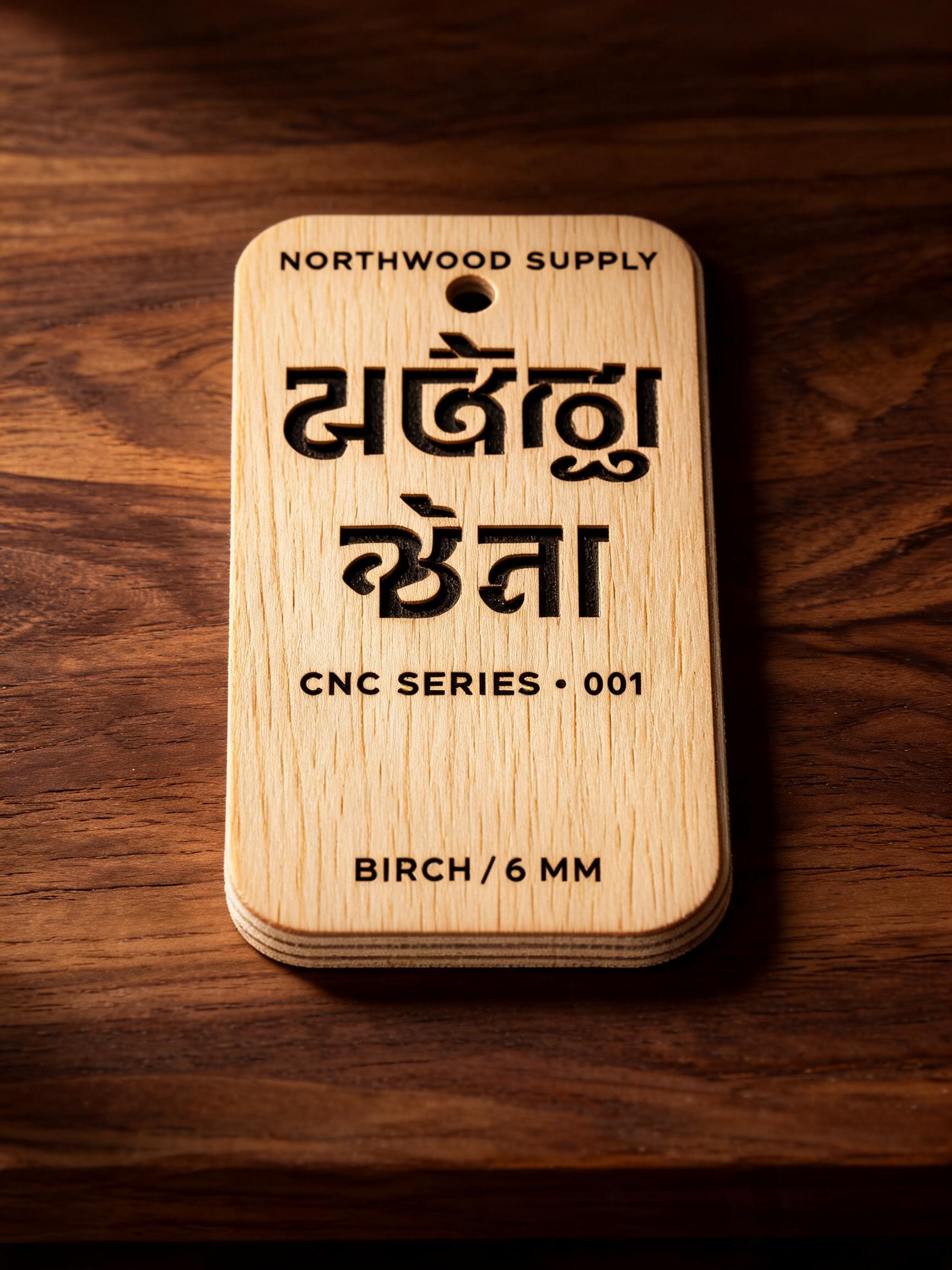 "Make me a precise CNC engraved wood product tag for Northwood Supply with stencil cutouts முத்து சுதா" — Laser Cut | AI Text Effect Generator