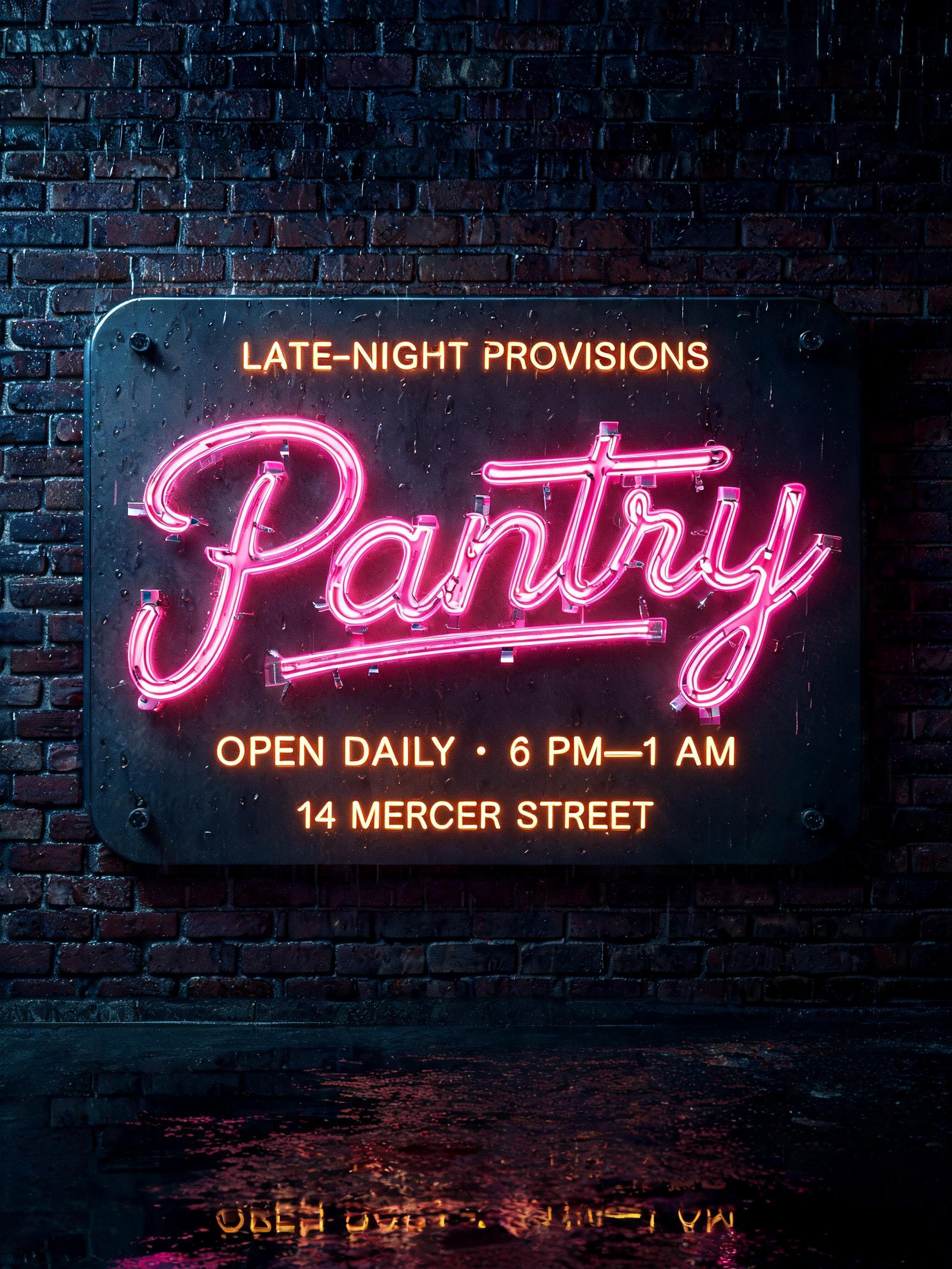 "Pantry
LATE-NIGHT PROVISIONS
OPEN DAILY · 6 PM—1 AM
14 MERCER STREET" — Neon Sign text effect