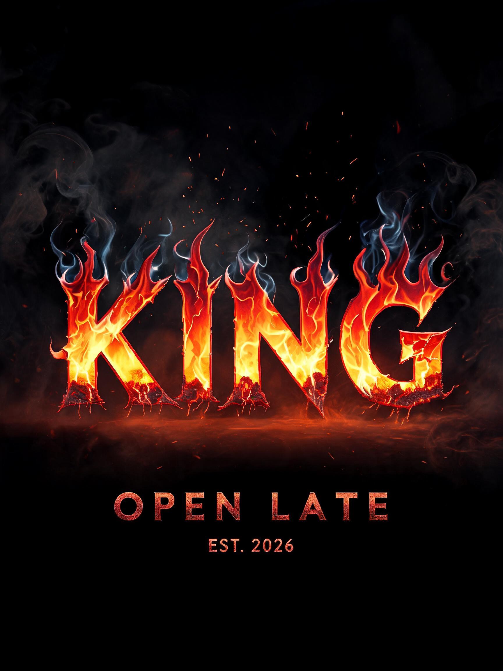 "KING
OPEN LATE
EST. 2026" — Fire Smoke | AI Text Effect Generator