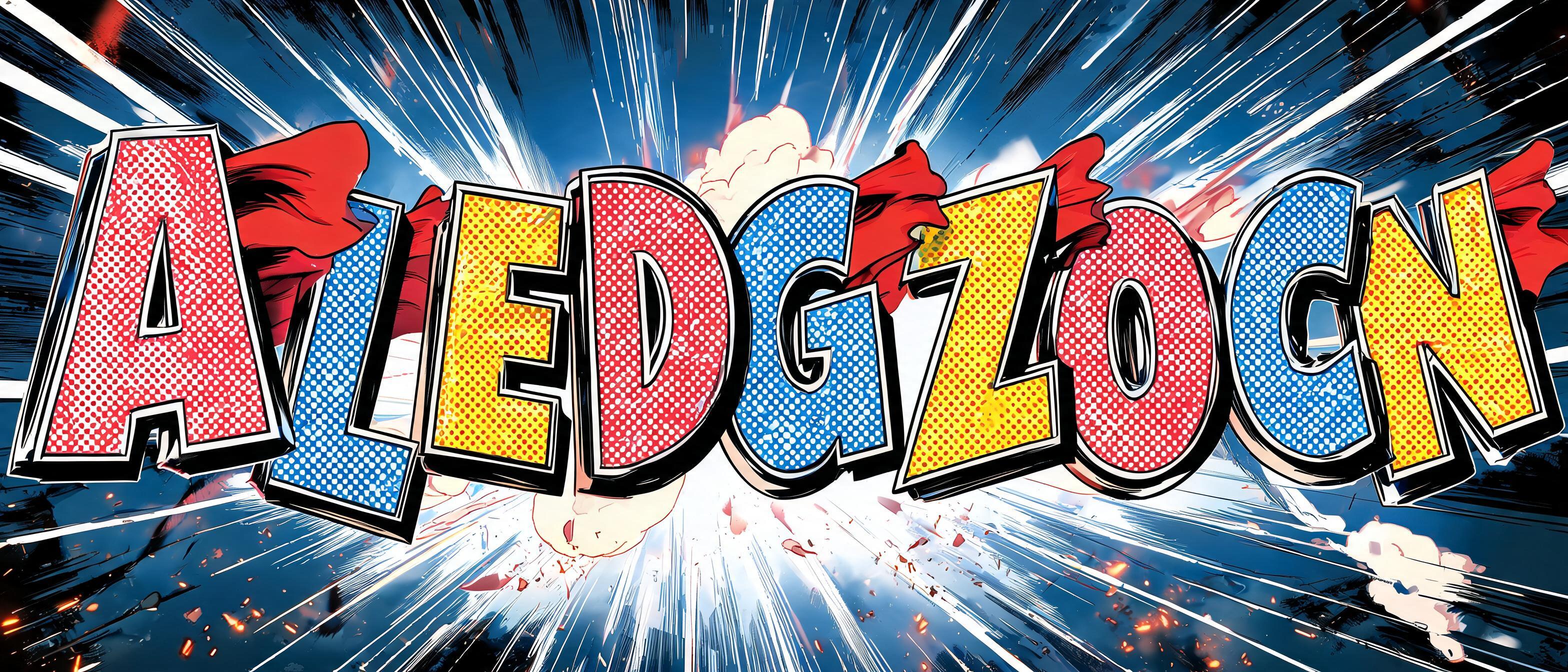 "A typography design sheet featuring the letters A, L, E, D, G, Z, O, C, N. Bold superhero comic book font, 2D vector style. Each letter has a different vibrant color. A flowing red superhero cape is creatively attached to either the left or right sid" — Superhero text effect