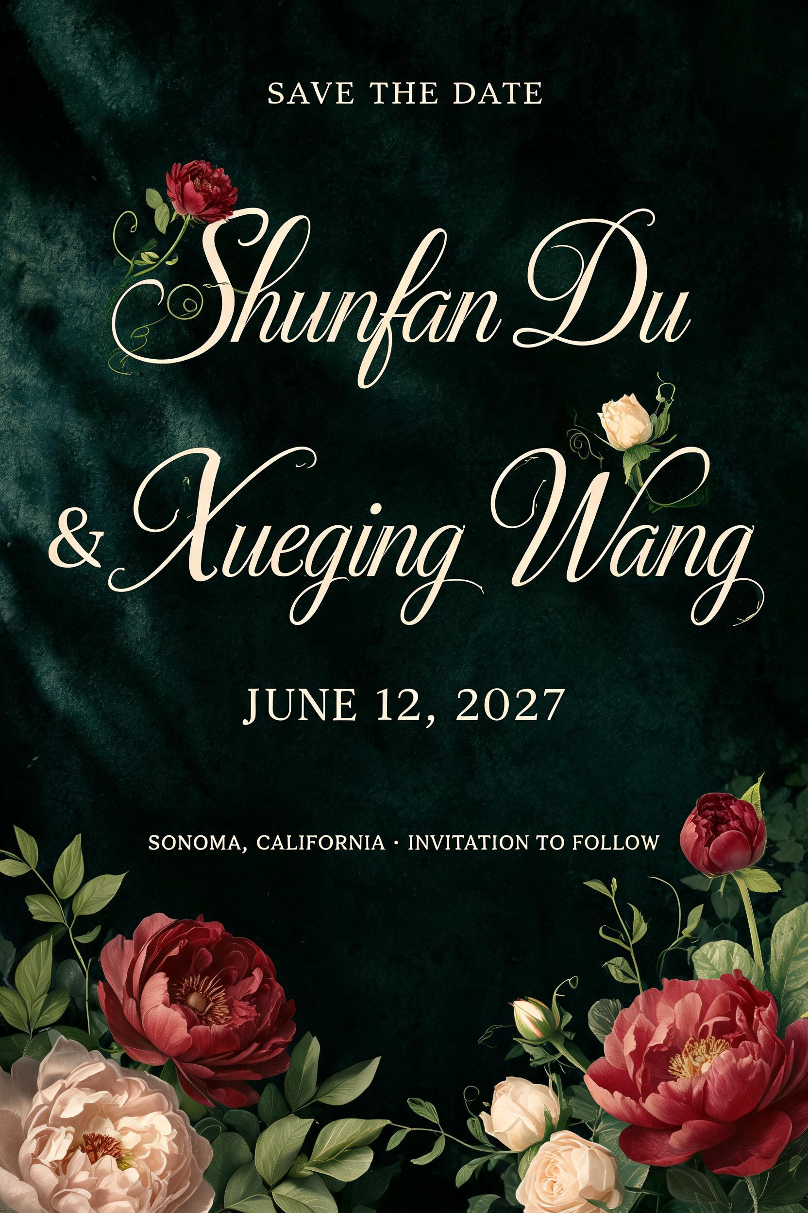 "Shunfan Du
& Xueqing Wang
JUNE 12, 2027
SONOMA, CALIFORNIA · INVITATION TO FOLLOW
SAVE THE DATE" — Floral | AI Text Effect Generator