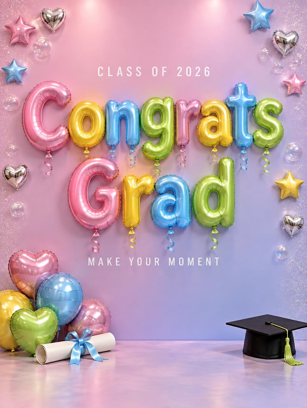 "Congrats Grad
CLASS OF 2026
MAKE YOUR MOMENT" — Y2k Bubbly | AI Text Effect Generator