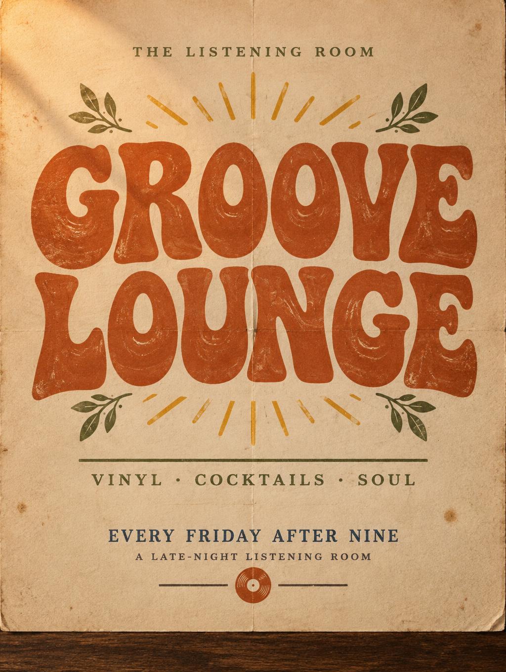 "GROOVE
LOUNGE
THE LISTENING ROOM
VINYL · COCKTAILS · SOUL
EVERY FRIDAY AFTER NINE
A LATE-NIGHT LISTENING ROOM" — Vintage | AI Text Effect Generator