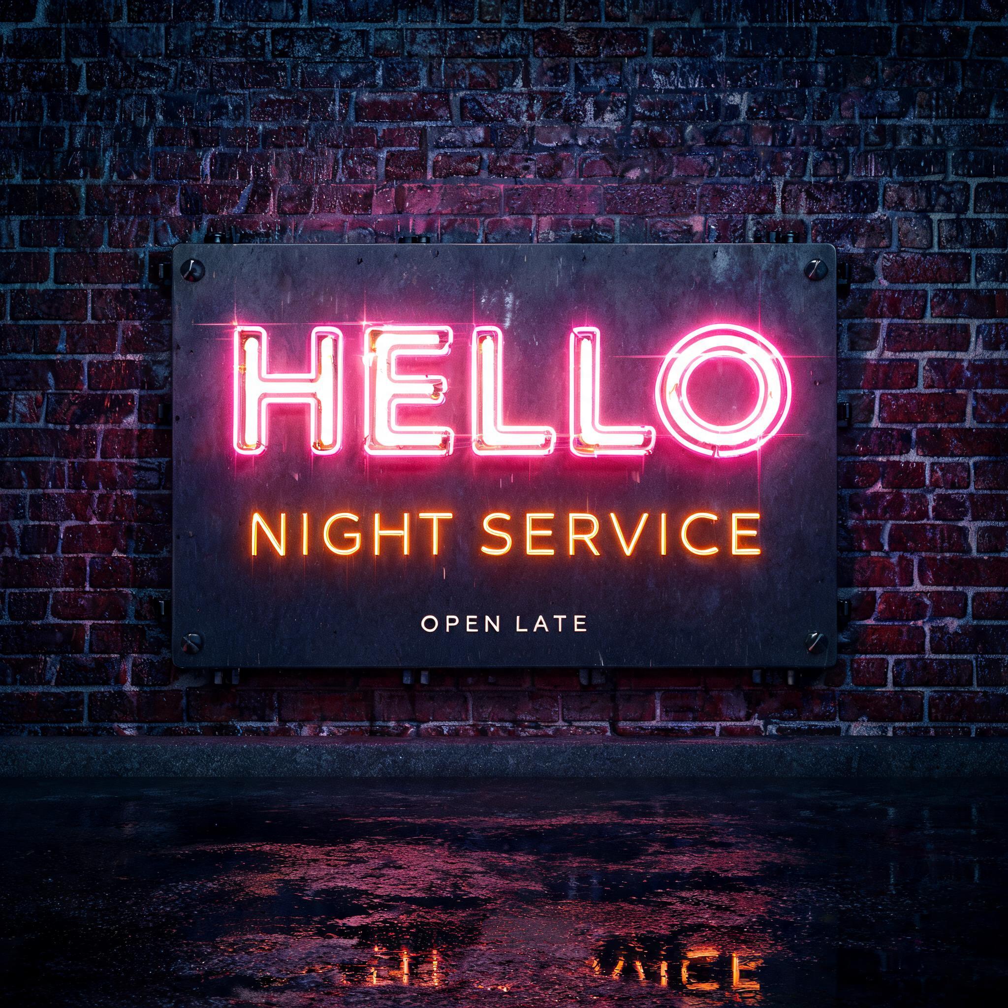 "HELLO
NIGHT SERVICE
OPEN LATE" — Neon Sign | AI Text Effect Generator