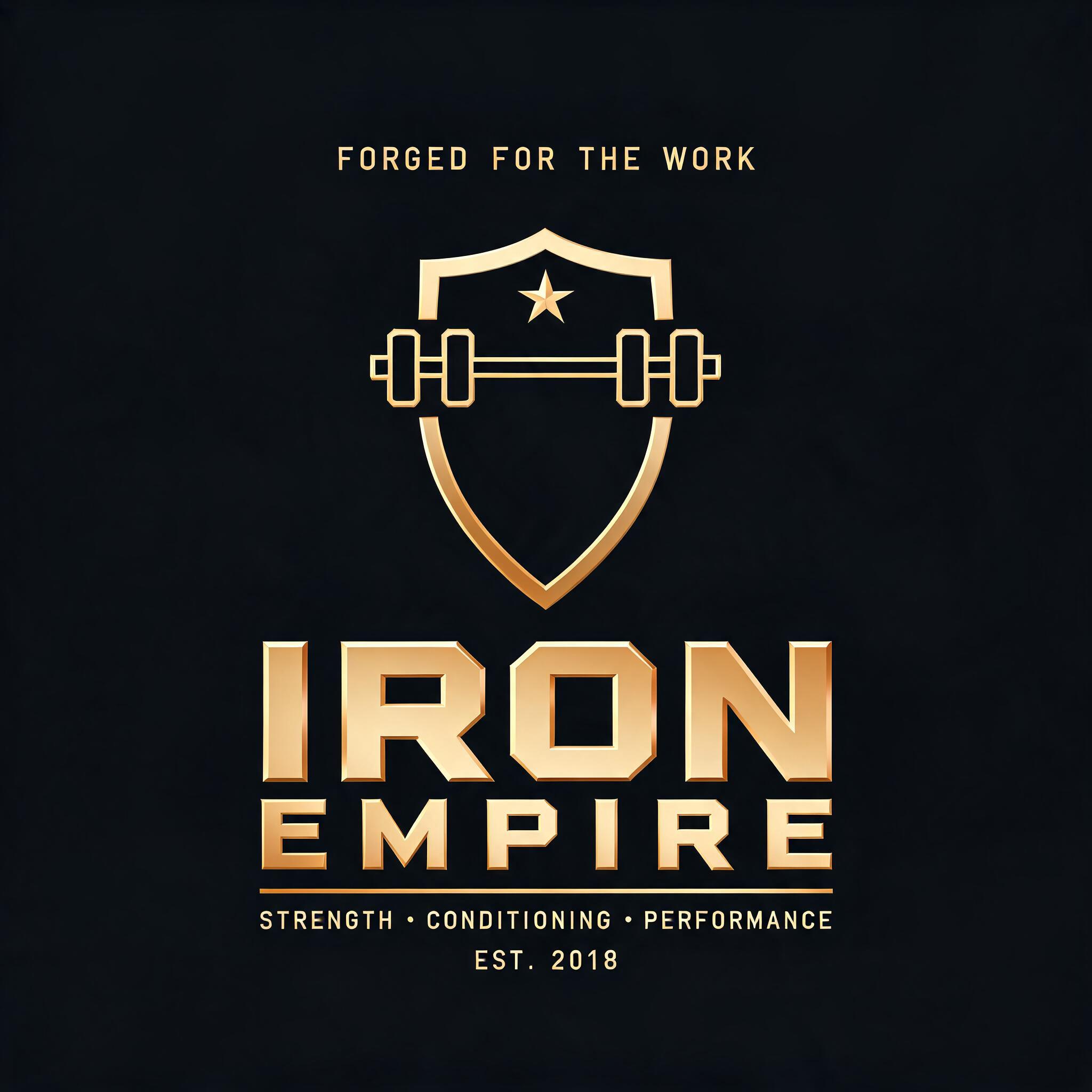 "IRON
EMPIRE
FORGED FOR THE WORK
STRENGTH • CONDITIONING • PERFORMANCE
EST. 2018" — 3d Bold Gold | AI Text Effect Generator