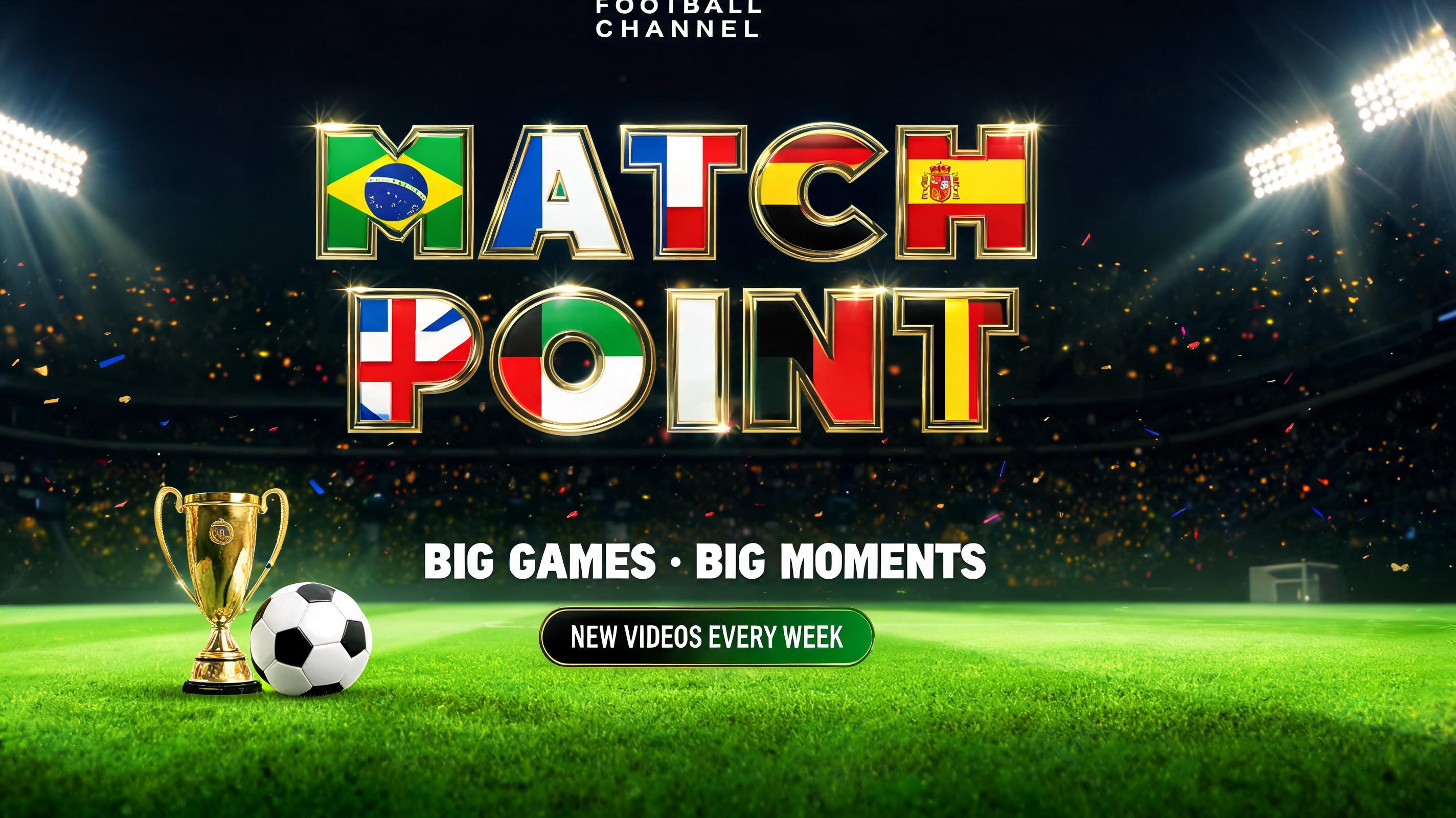 "MATCH
POINT
FOOTBALL CHANNEL
BIG GAMES • BIG MOMENTS
NEW VIDEOS EVERY WEEK" — Sports Football | AI Text Effect Generator