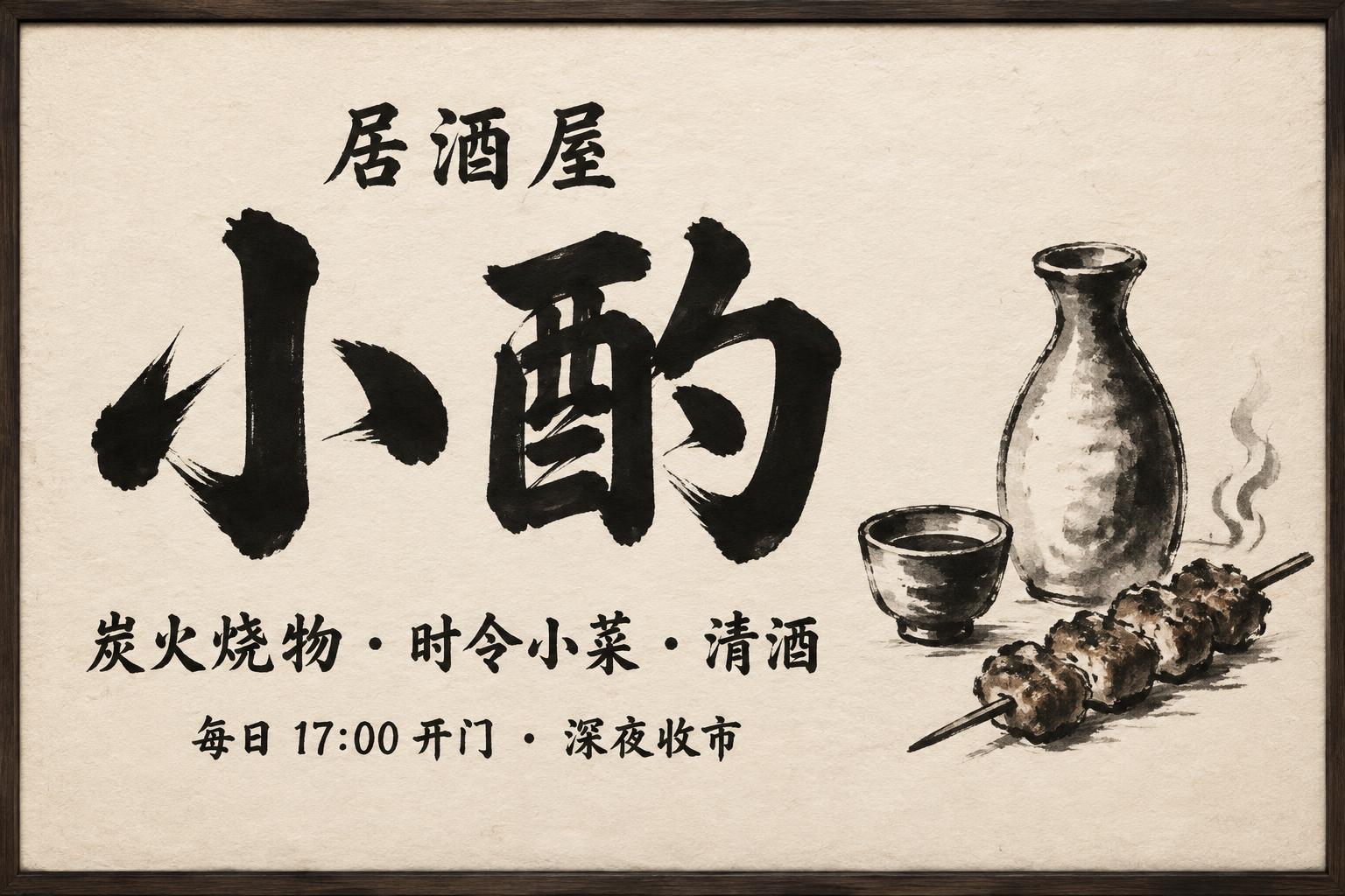 "小酌
居酒屋
炭火烧物 · 时令小菜 · 清酒
每日 17:00 开门 · 深夜收市" — Brush Japanese Ink | AI Text Effect Generator