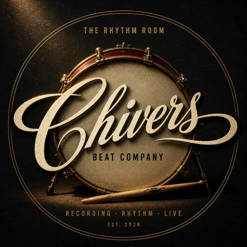 "CHIVERS
BEAT COMPANY
THE RHYTHM ROOM
RECORDING · RHYTHM · LIVE
EST. 2026" —  | AI Text Effect Generator
