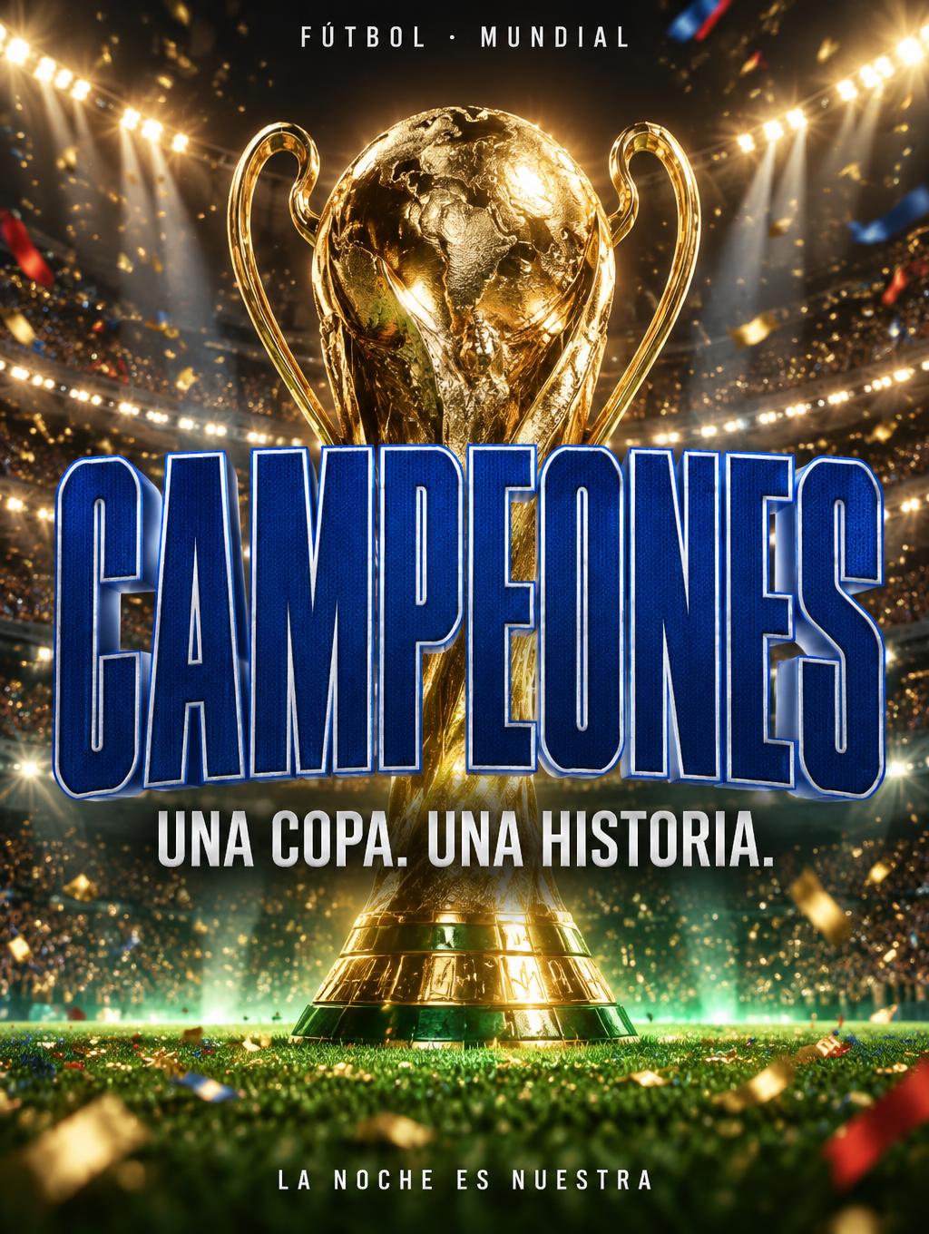 "CAMPEONES
FÚTBOL · MUNDIAL
UNA COPA. UNA HISTORIA.
LA NOCHE ES NUESTRA" — Sports Football | AI Text Effect Generator