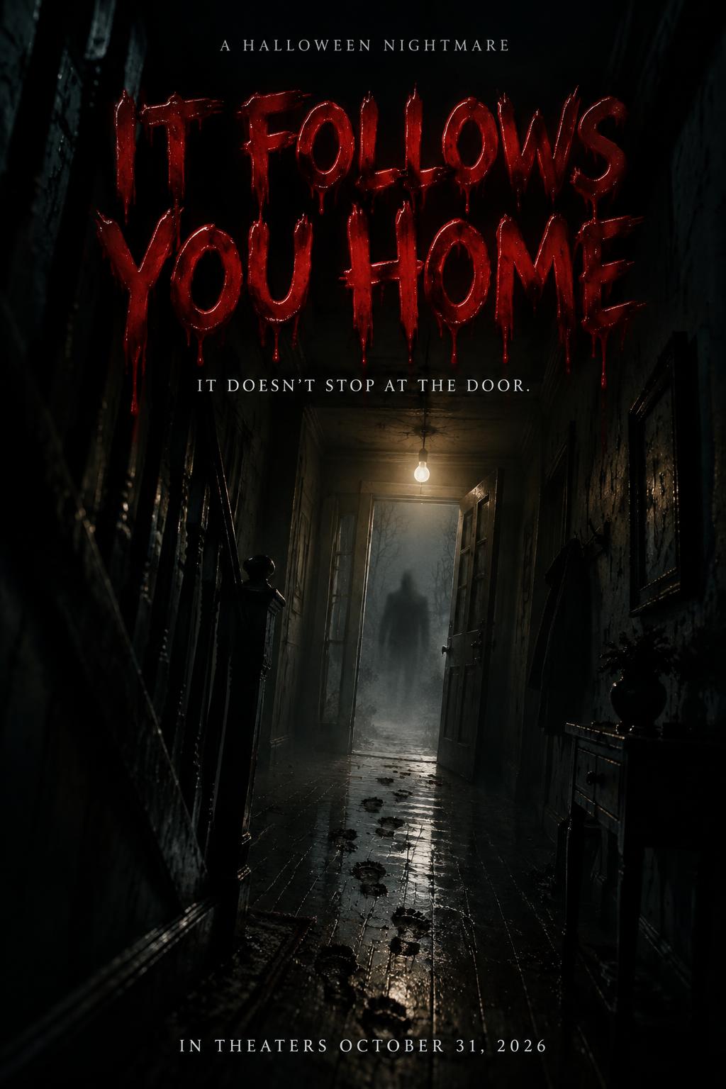 "IT FOLLOWS YOU HOME
A HALLOWEEN NIGHTMARE
IT DOESN’T STOP AT THE DOOR.
IN THEATERS OCTOBER 31, 2026" — Cinematic Horror | AI Text Effect Generator