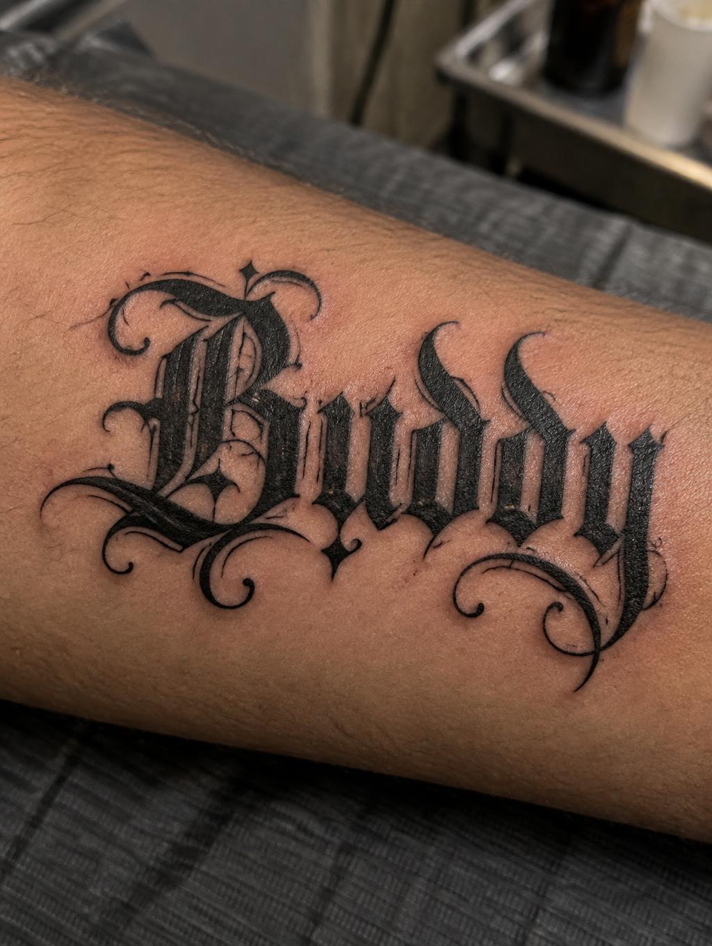 "Buddy" — Tattoo | AI Text Effect Generator