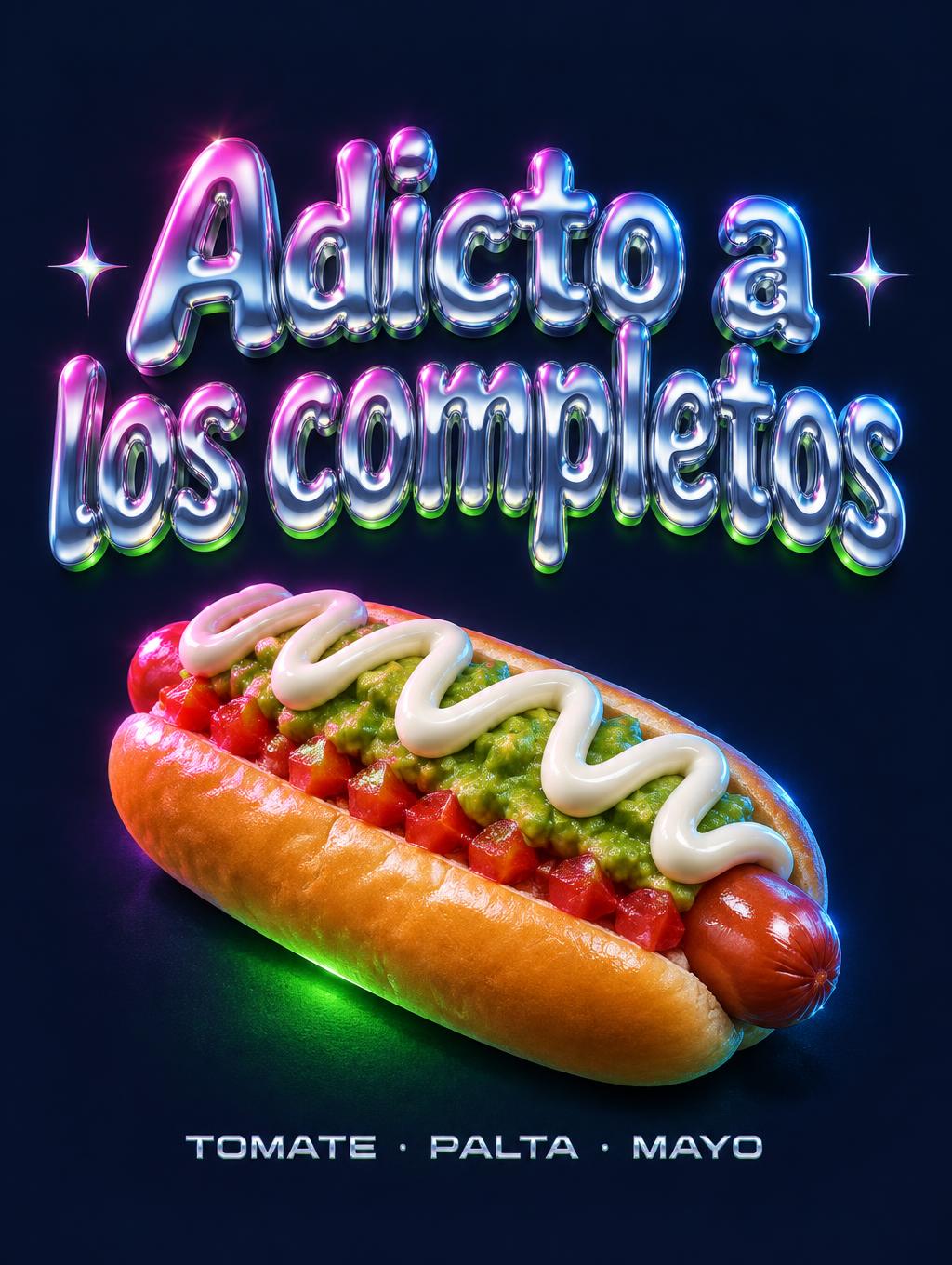"Adicto a los completos
TOMATE · PALTA · MAYO" — Y2k | AI Text Effect Generator