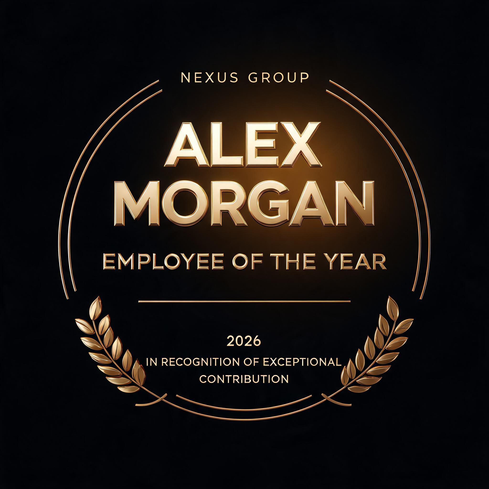 "ALEX MORGAN
EMPLOYEE OF THE YEAR
NEXUS GROUP
2026
IN RECOGNITION OF EXCEPTIONAL CONTRIBUTION" — 3d bold gold text effect