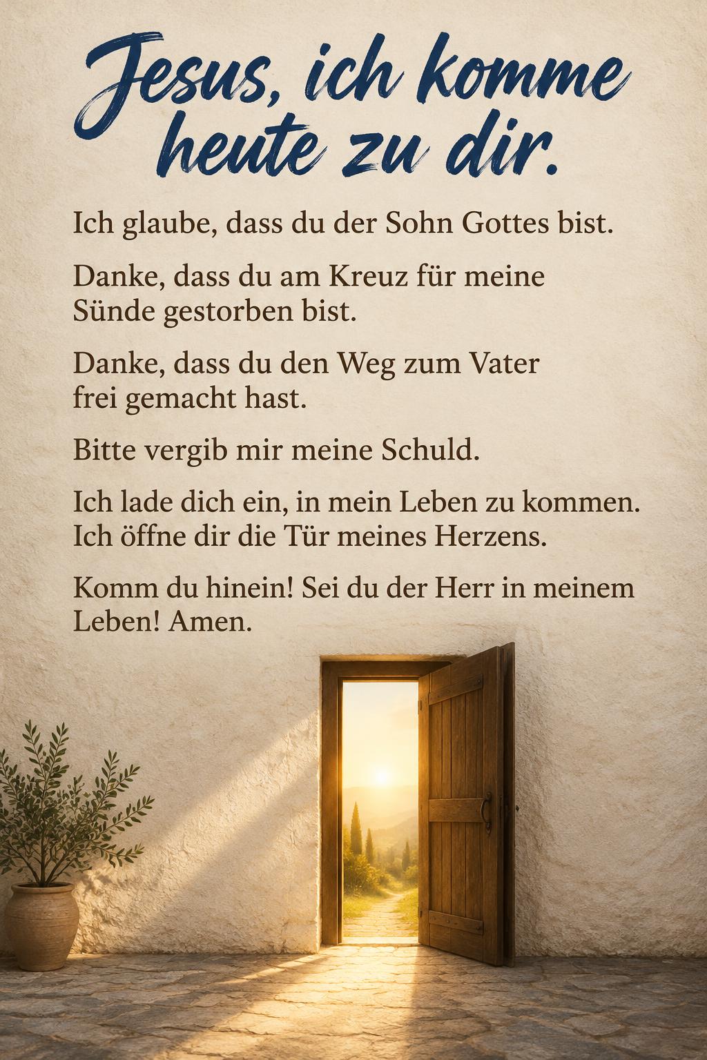"Jesus, ich komme heute zu dir.
Ich glaube, dass du der Sohn Gottes bist.
Danke, dass du am Kreuz für meine Sünde gestorben bist.
Danke, dass du den Weg zum Vater frei gemacht hast.
Bitte vergib mir meine Schuld.
Ich lade dich ein, in mein Leben zu kommen. Ich öffne dir die Tür meines Herzens.
Komm du hinein! Sei du der Herr in meinem Leben! Amen." — Morgenlicht Auf Kalk | AI Text Effect Generator