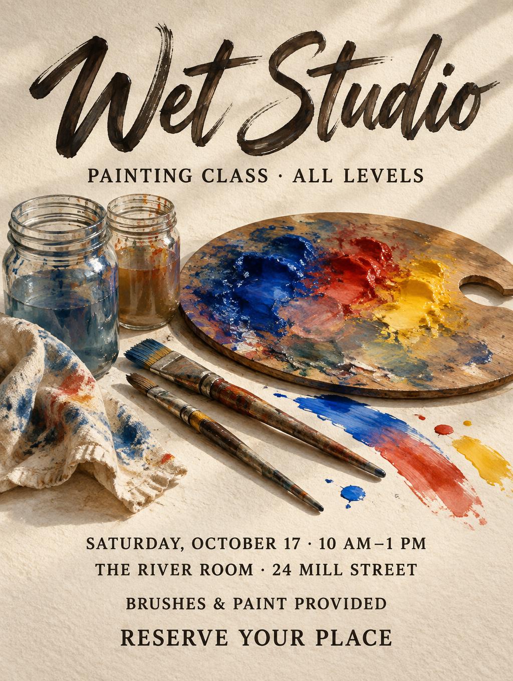 "Wet Studio
PAINTING CLASS · ALL LEVELS
SATURDAY, OCTOBER 17 · 10 AM–1 PM
THE RIVER ROOM · 24 MILL STREET
BRUSHES & PAINT PROVIDED
RESERVE YOUR PLACE" — Brush Stroke | AI Text Effect Generator