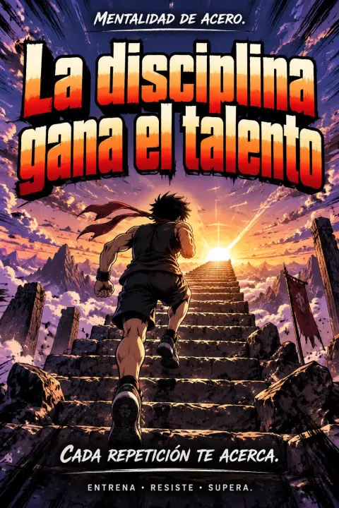 "La disciplina gana el talento
MENTALIDAD DE ACERO
Cada repetición te acerca.
ENTRENA • RESISTE • SUPERA" — Anime text effect