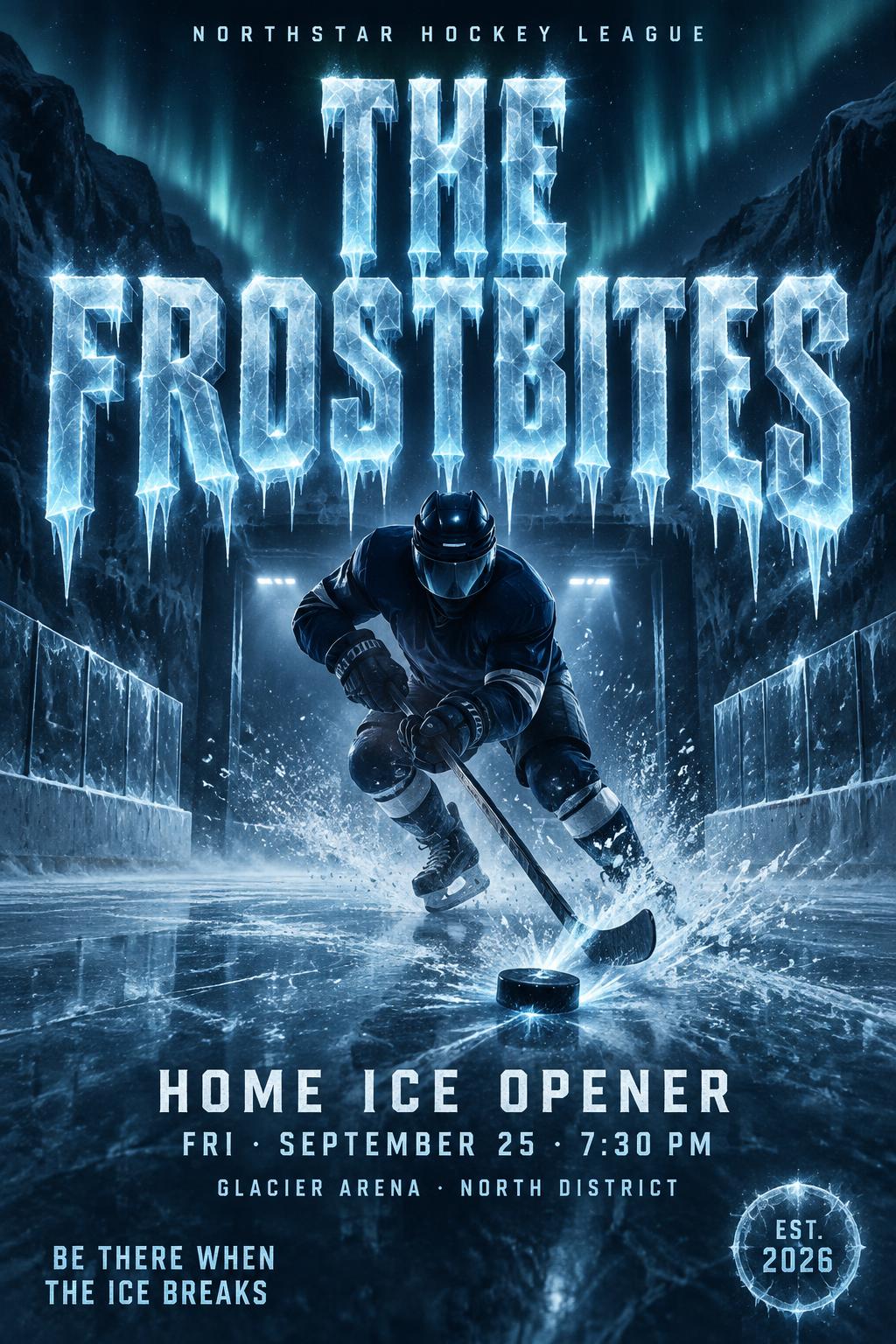 "THE FROSTBITES
NORTHSTAR HOCKEY LEAGUE
HOME ICE OPENER
FRI · SEPTEMBER 25 · 7:30 PM
GLACIER ARENA · NORTH DISTRICT
BE THERE WHEN THE ICE BREAKS
EST. 2026" — Glass Frozen | AI Text Effect Generator