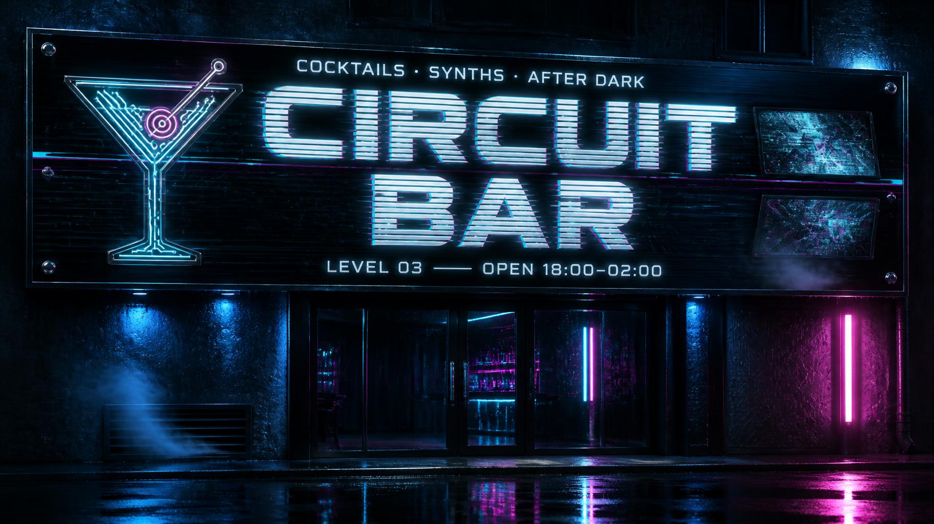 CIRCUIT BAR
COCKTAILS · SYNTHS · AFTER DARK
LEVEL 03 — OPEN 18:00–02:00