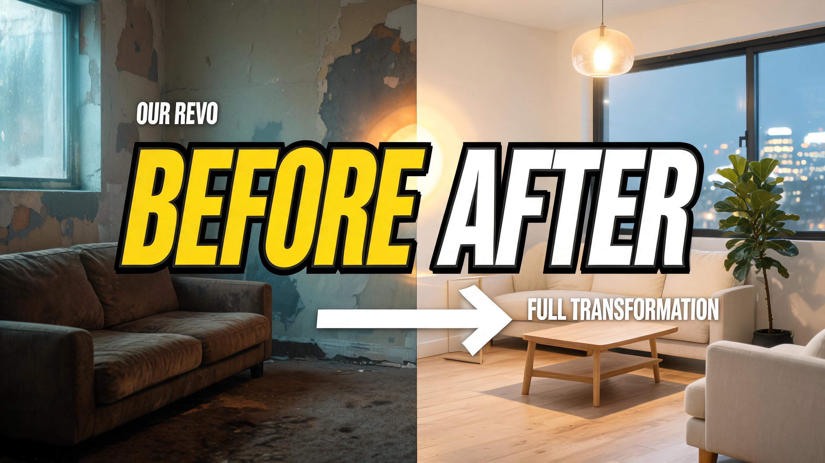"BEFORE
AFTER
OUR RENO
FULL TRANSFORMATION" — Cinematic Youtube Creator | AI Text Effect Generator