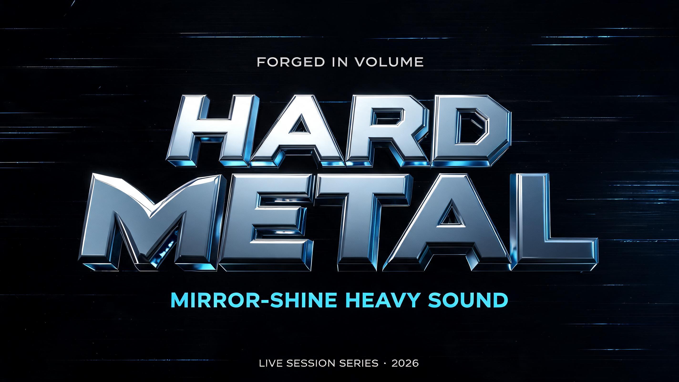 "HARD METAL
FORGED IN VOLUME
MIRROR-SHINE HEAVY SOUND
LIVE SESSION SERIES · 2026" — Chrome Metal 3d | AI Text Effect Generator
