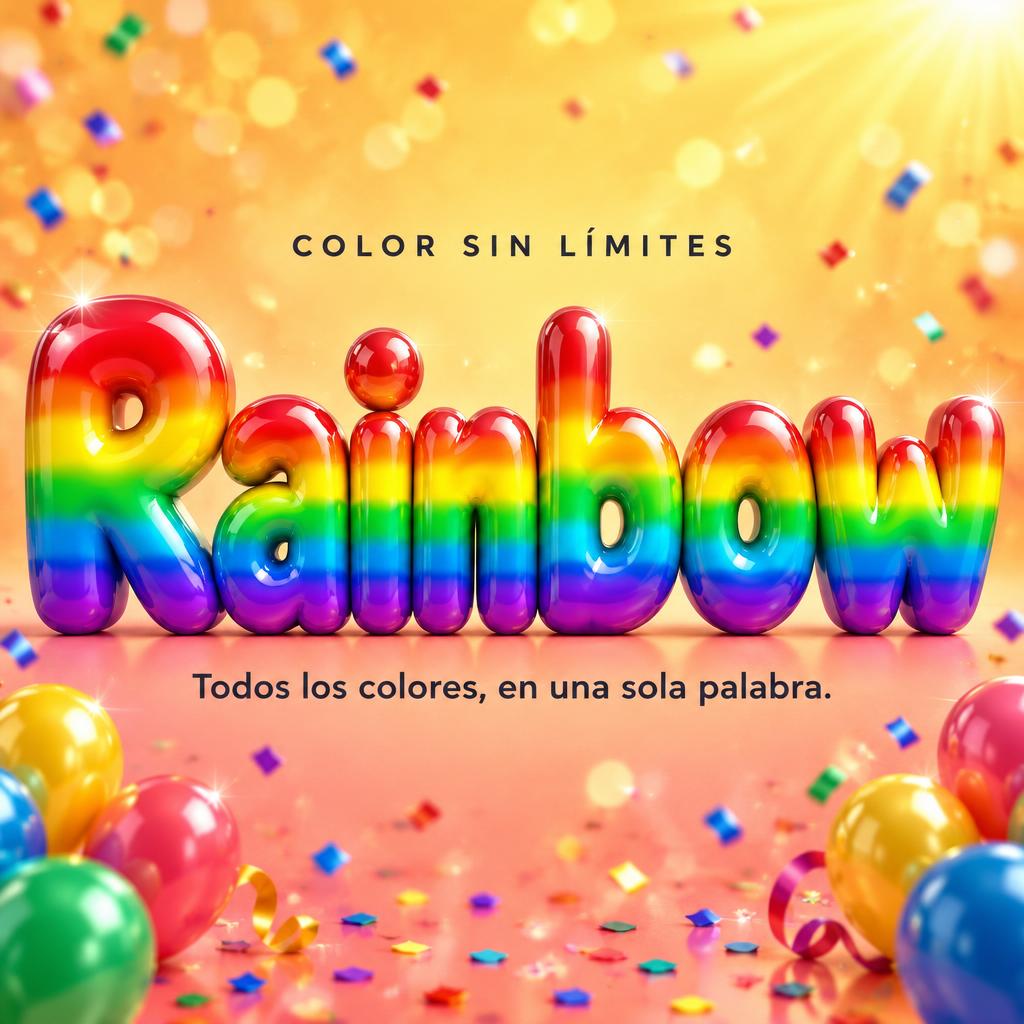 "Rainbow
COLOR SIN LÍMITES
Todos los colores, en una sola palabra." — Rainbow | AI Text Effect Generator