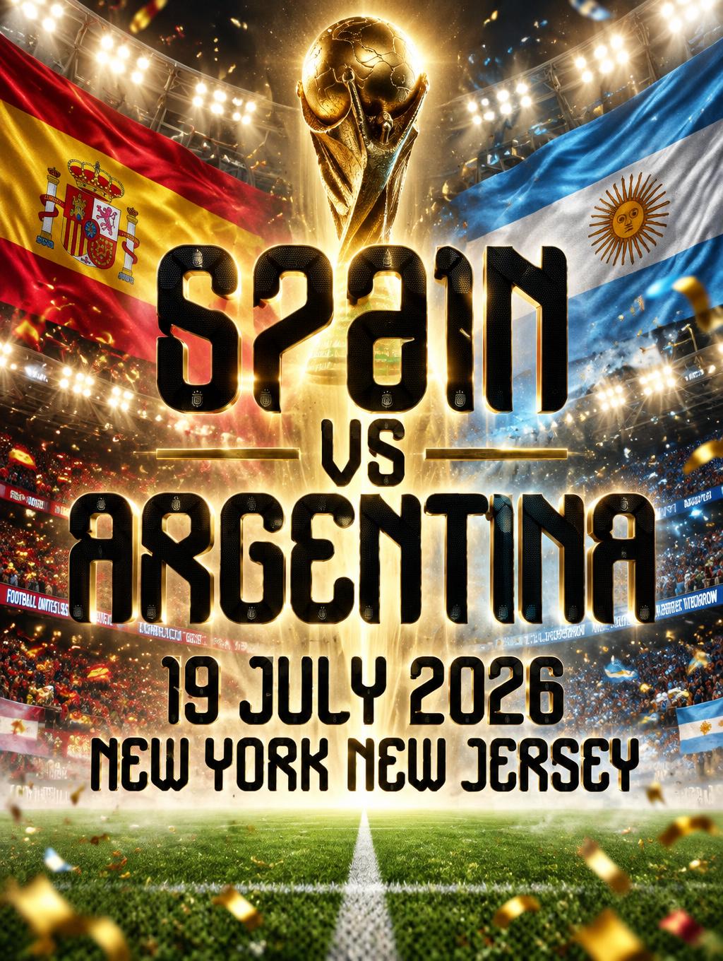 "Generate the following words in this font: Spain vs Argentina. 19 July 2026. New York New Jersey" — Sports Football | AI Text Effect Generator