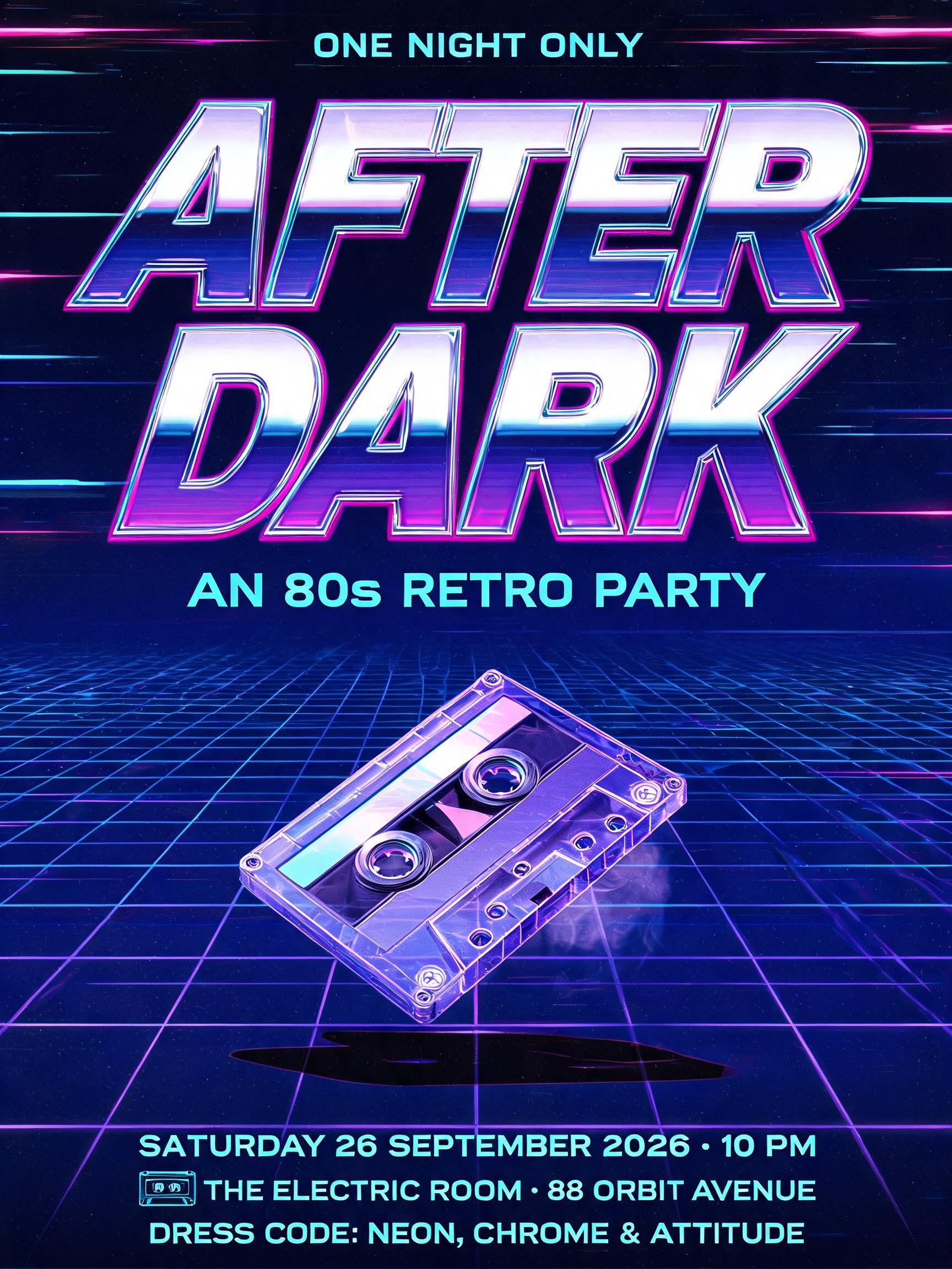 AFTER
DARK
ONE NIGHT ONLY
AN 80s RETRO PARTY
SATURDAY 26 SEPTEMBER 2026 · 10 PM
THE ELECTRIC ROOM · 88 ORBIT AVENUE
DRESS CODE: NEON, CHROME & ATTITUDE