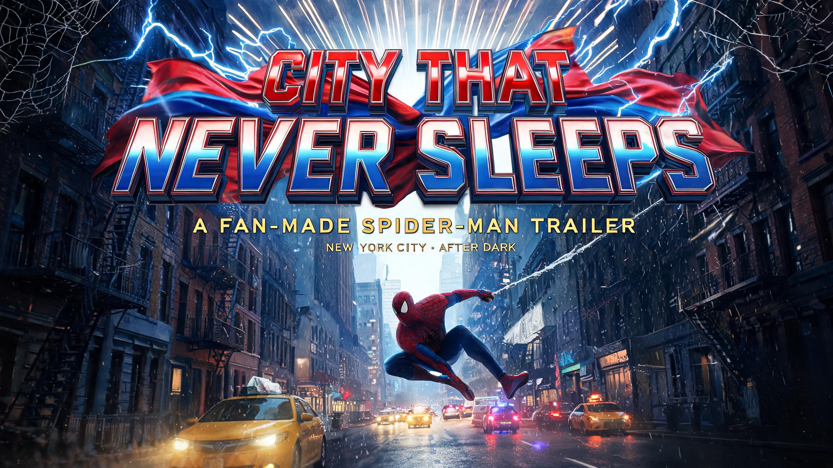 "CITY THAT
NEVER SLEEPS
A FAN-MADE SPIDER-MAN TRAILER
NEW YORK CITY · AFTER DARK" — Spider Hero | AI Text Effect Generator