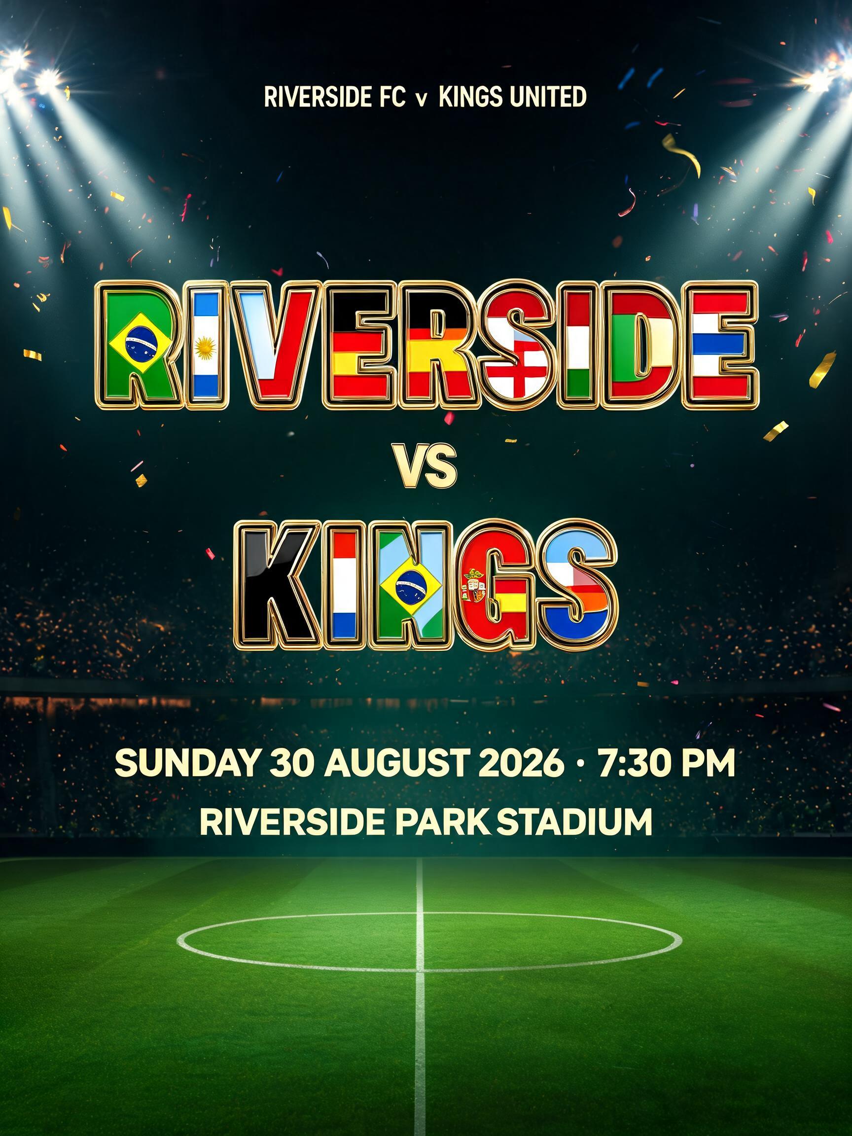 "RIVERSIDE
KINGS
VS
RIVERSIDE FC v KINGS UNITED
SUNDAY 30 AUGUST 2026 · 7:30 PM
RIVERSIDE PARK STADIUM" — Sports Football | AI Text Effect Generator
