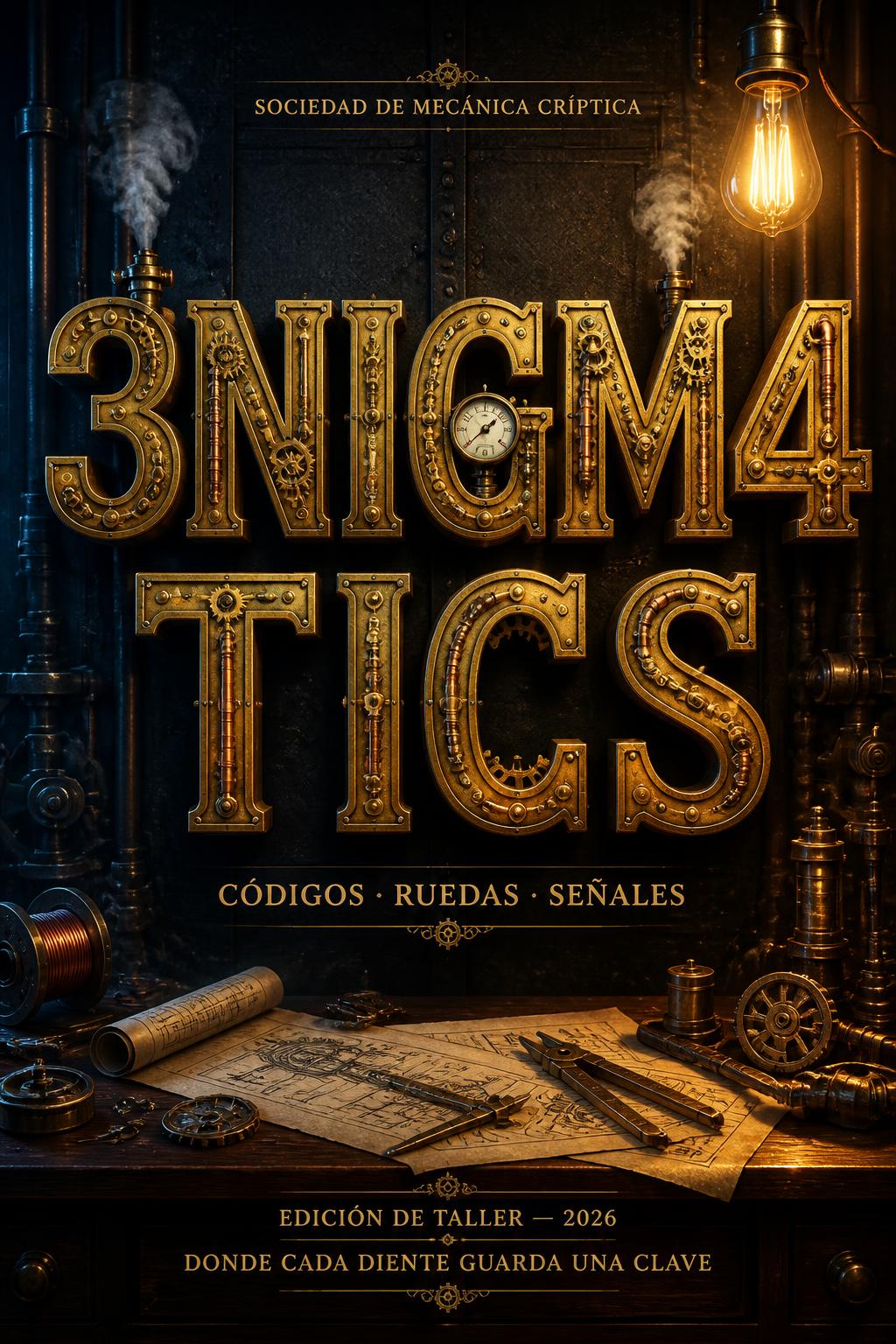 3NIGM4
TICS
SOCIEDAD DE MECÁNICA CRÍPTICA
CÓDIGOS · RUEDAS · SEÑALES
EDICIÓN DE TALLER — 2026
DONDE CADA DIENTE GUARDA UNA CLAVE